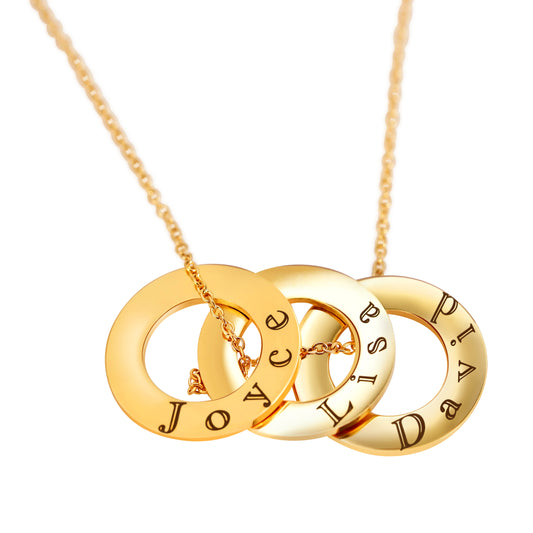 3 Personalized Gold Plated Circular Rings (25mm x 1.5mm) On a 18K Vermeil Necklace