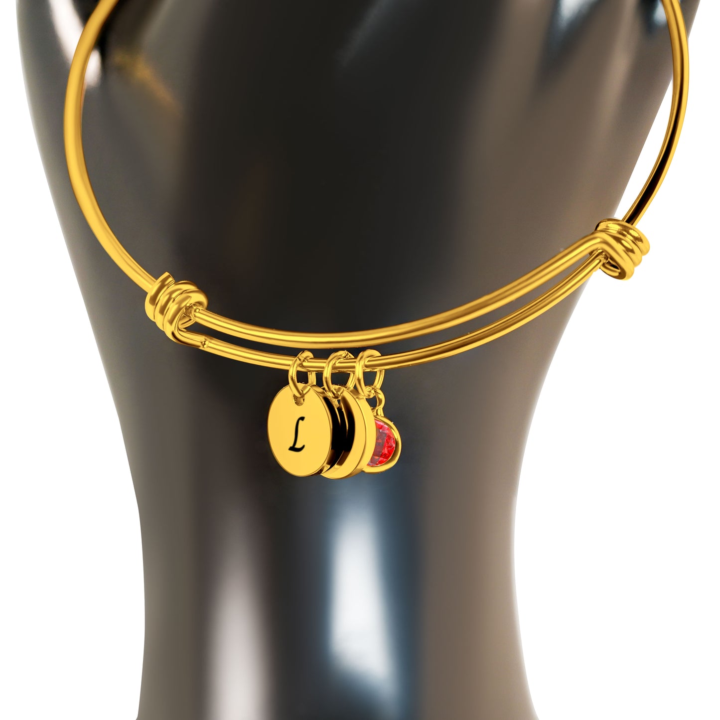 Personalized Gold Plated Cuff Bracelet(8.5") & Birthstone/Gemstone W/ 2 x Pendants (10mm)