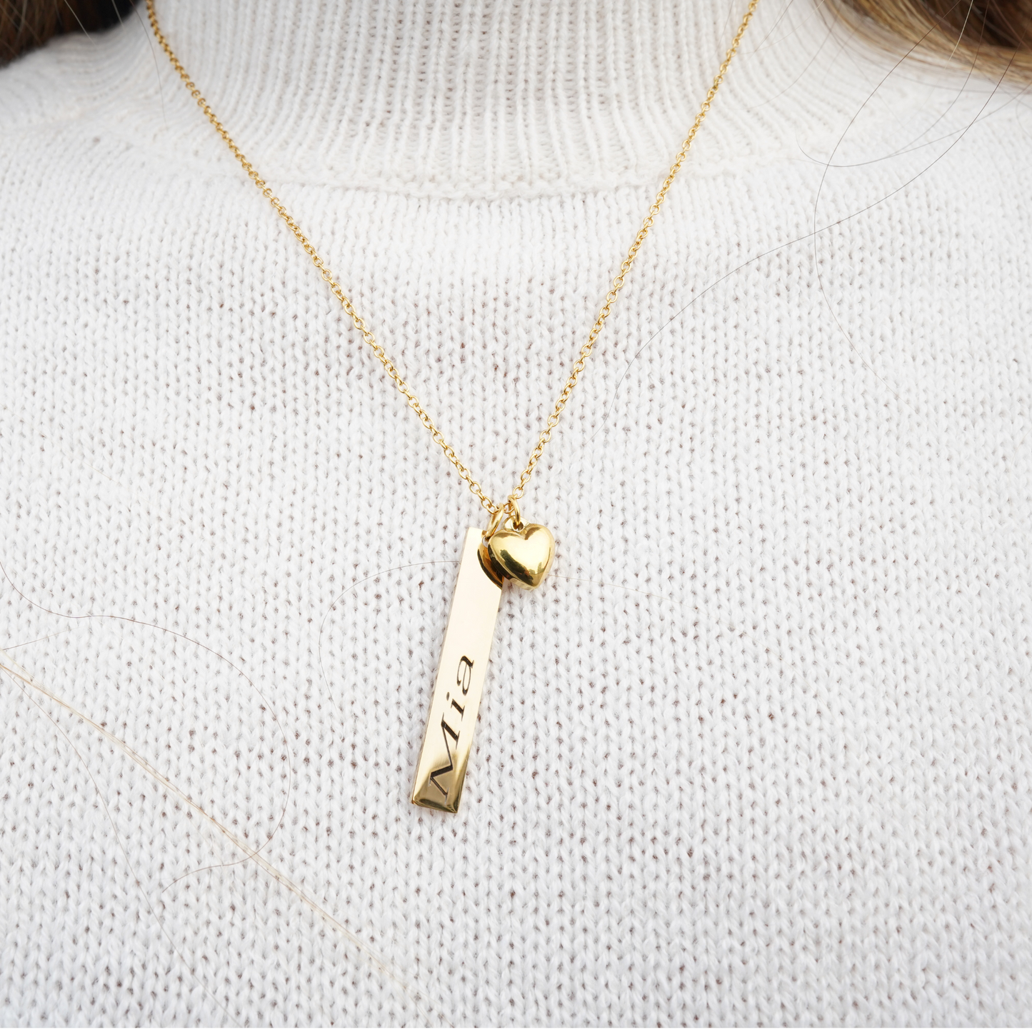 Personalized (7mm x40mm Pendant w/heart charm) 18K Gold Vermeil Bar Necklace
