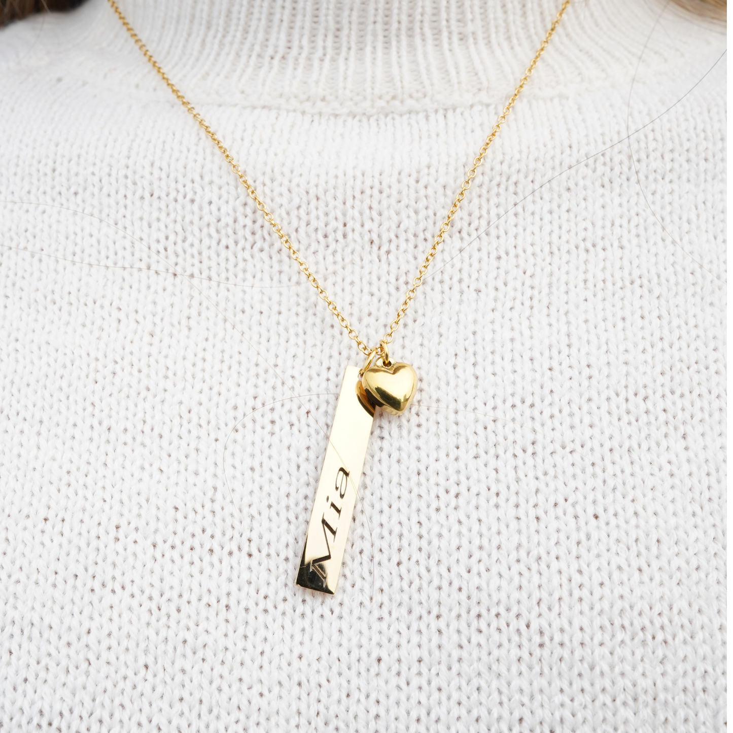 Personalized (7mm x40mm Pendant w/heart charm) 18K Gold Vermeil Bar Necklace