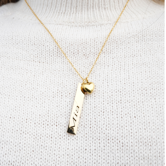 Personalized (7mm x40mm Pendant w/heart charm) 18K Gold Vermeil Bar Necklace
