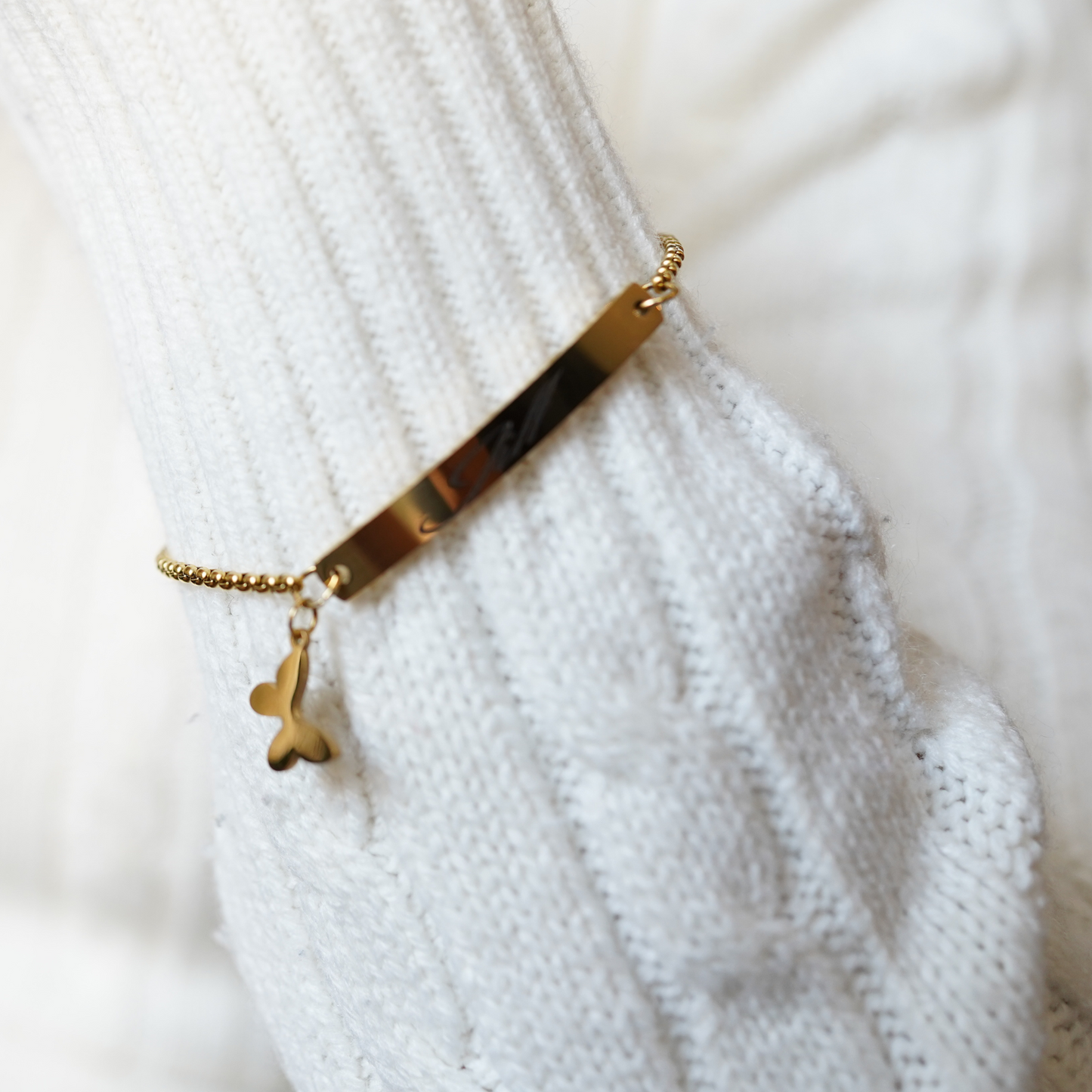 Name Bracelet for Women, Engraved Initials Bracelet with adjustable clasp, 18K Gold Plated Bar Bracelet with Butteryfly