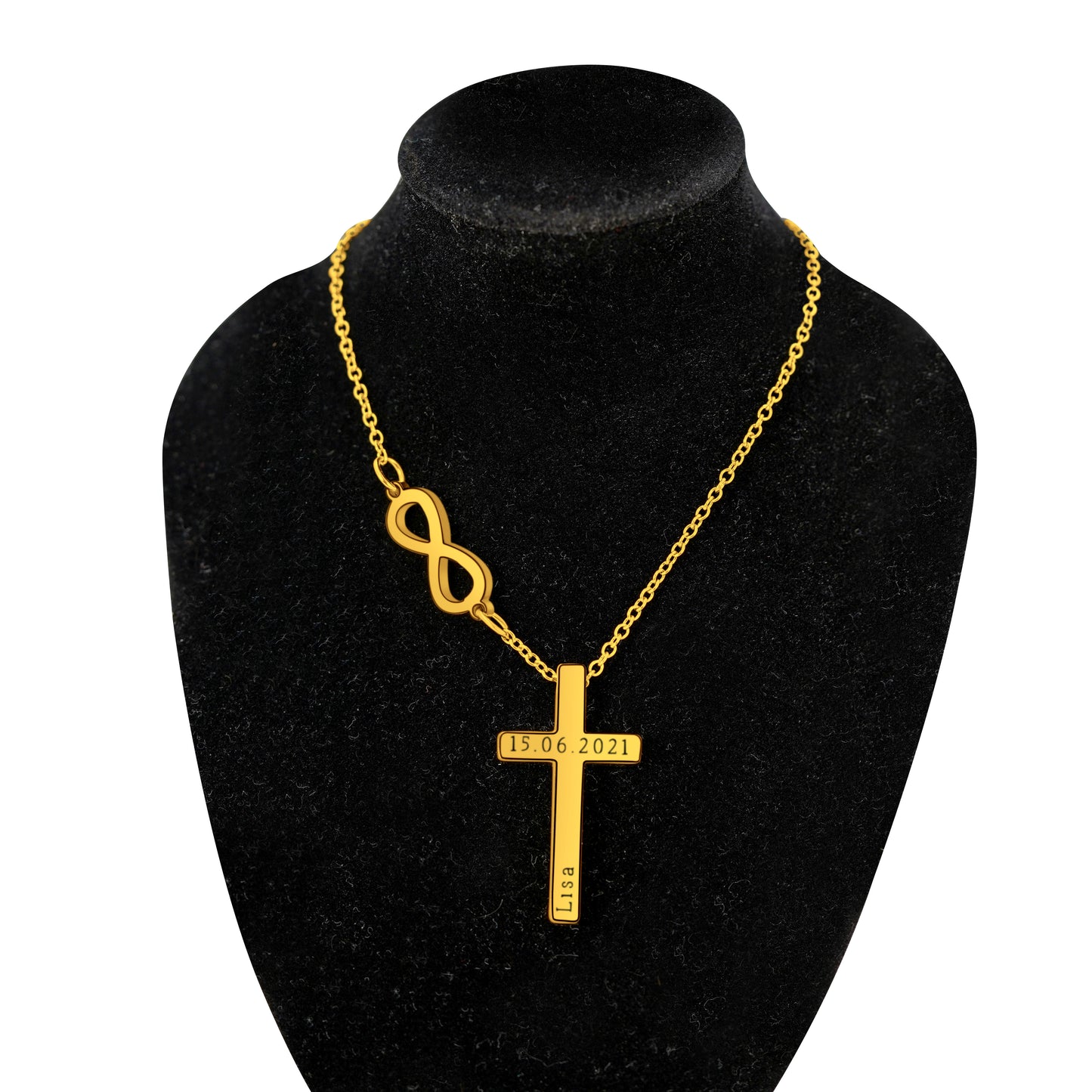 Infinity Pendant (17mm x 7mm x 1.5mm)1 Holy Cross (30mm x 17mm x 1.8mm thick) On a 18K Vermeil Necklace