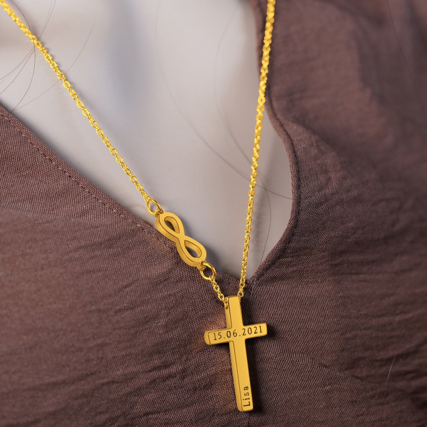 Infinity Pendant (17mm x 7mm x 1.5mm)1 Holy Cross (30mm x 17mm x 1.8mm thick) On a 18K Vermeil Necklace