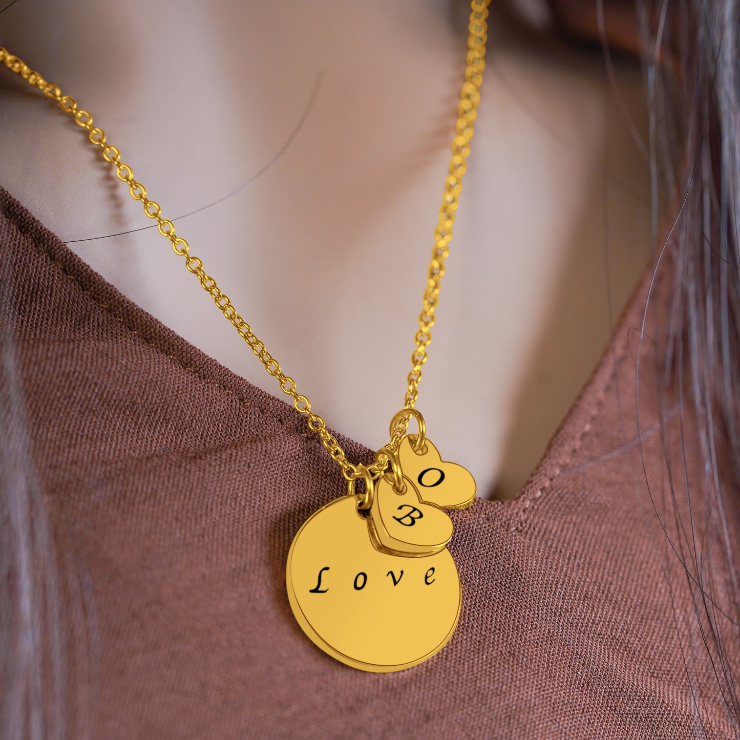 2 Mini Hearts & 1 Large Pendant Personalized (2 x 7.5mm x 10mm hearts + 20mm Pendant) On a 18K Vermeil Necklace