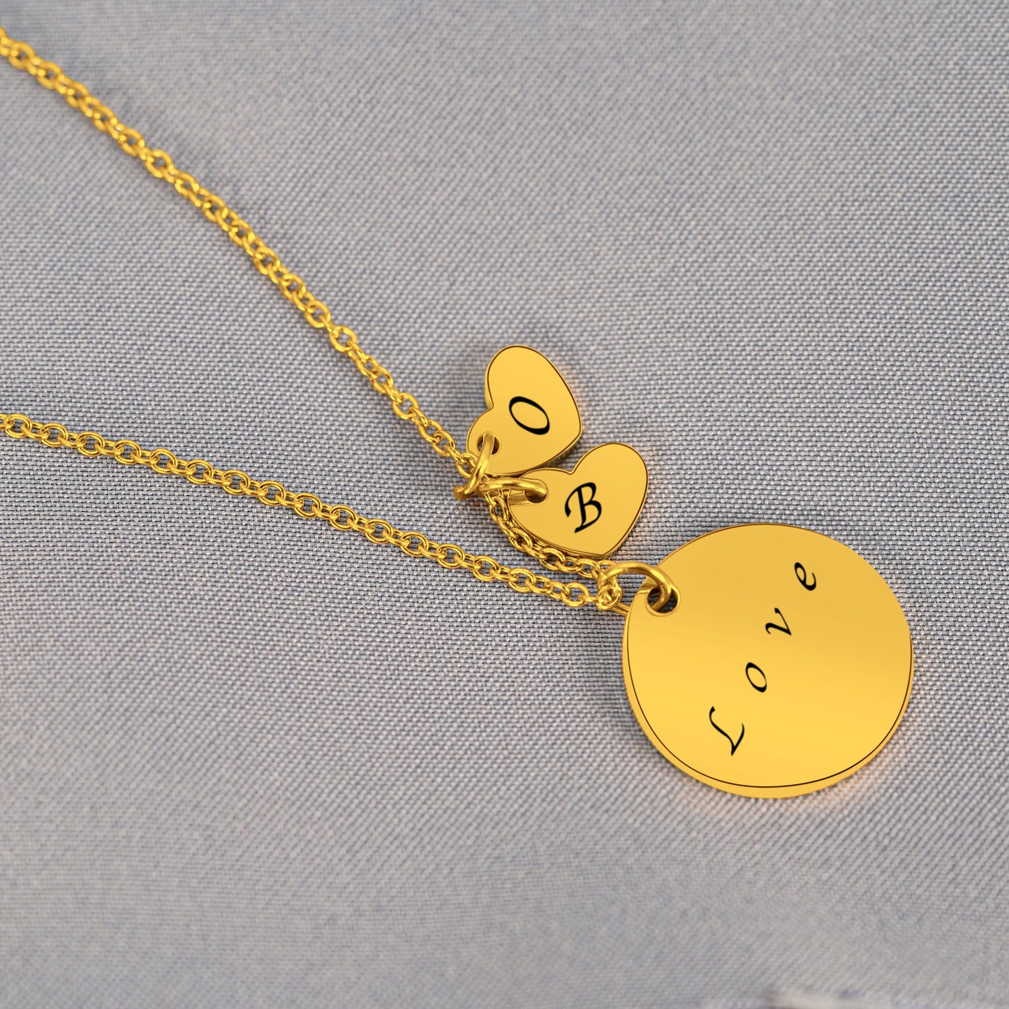 2 Mini Hearts & 1 Large Pendant Personalized (2 x 7.5mm x 10mm hearts + 20mm Pendant) On a 18K Vermeil Necklace