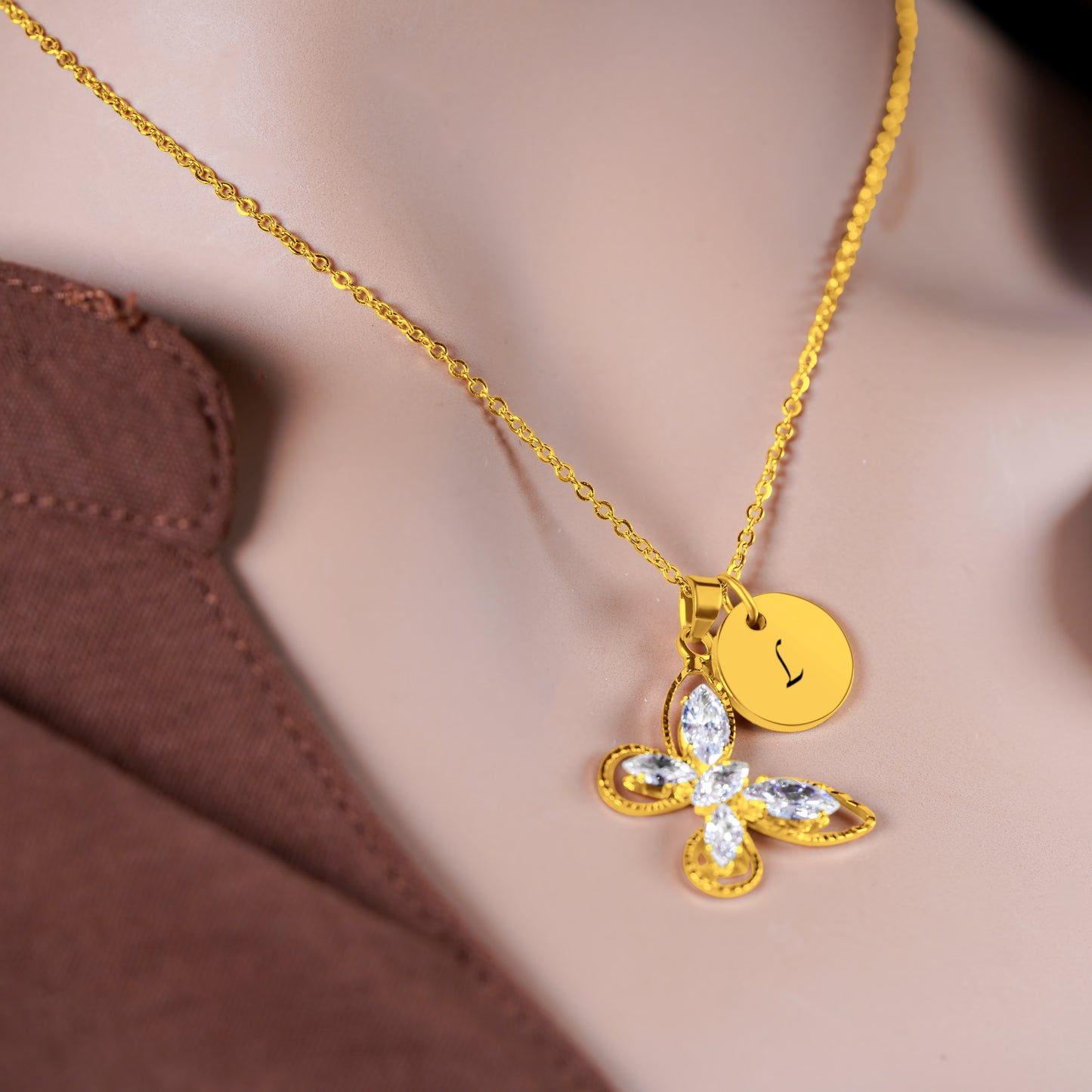 Personalized Butterfly (16mm x 22mm) + Pendant (12mm x 1.5mm thick) 18K Gold Vermeil Necklace (17.5")