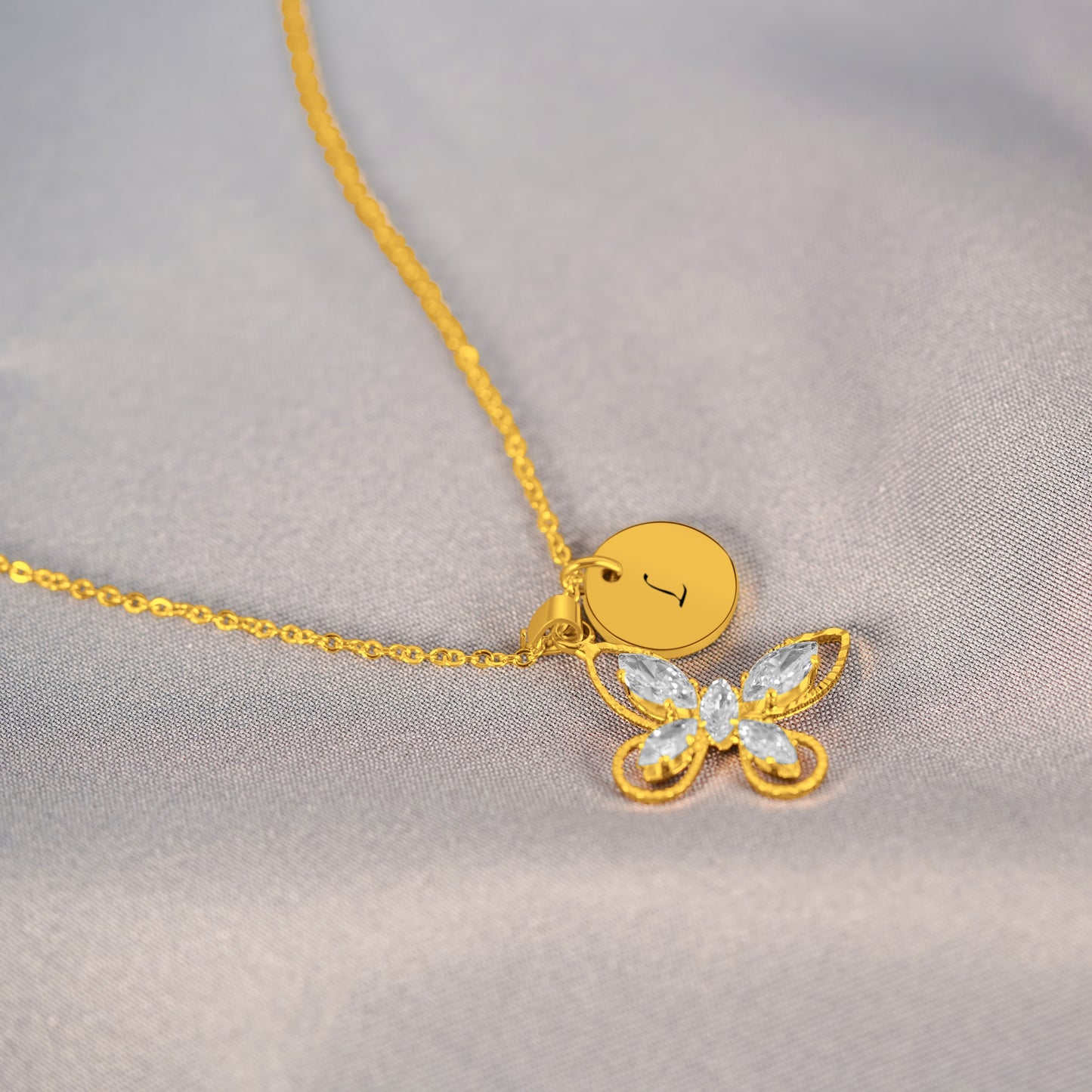 Personalized Butterfly (16mm x 22mm) + Pendant (12mm x 1.5mm thick) 18K Gold Vermeil Necklace (17.5")