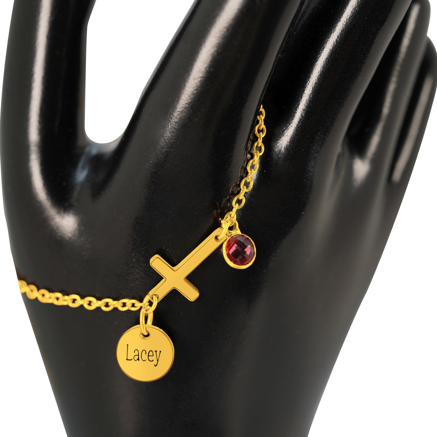 Personalized (12 characters) Pendant (8mm) W/Birthstone & Holy Cross(Two hole) On a 18K Gold Vermeil Bracelet