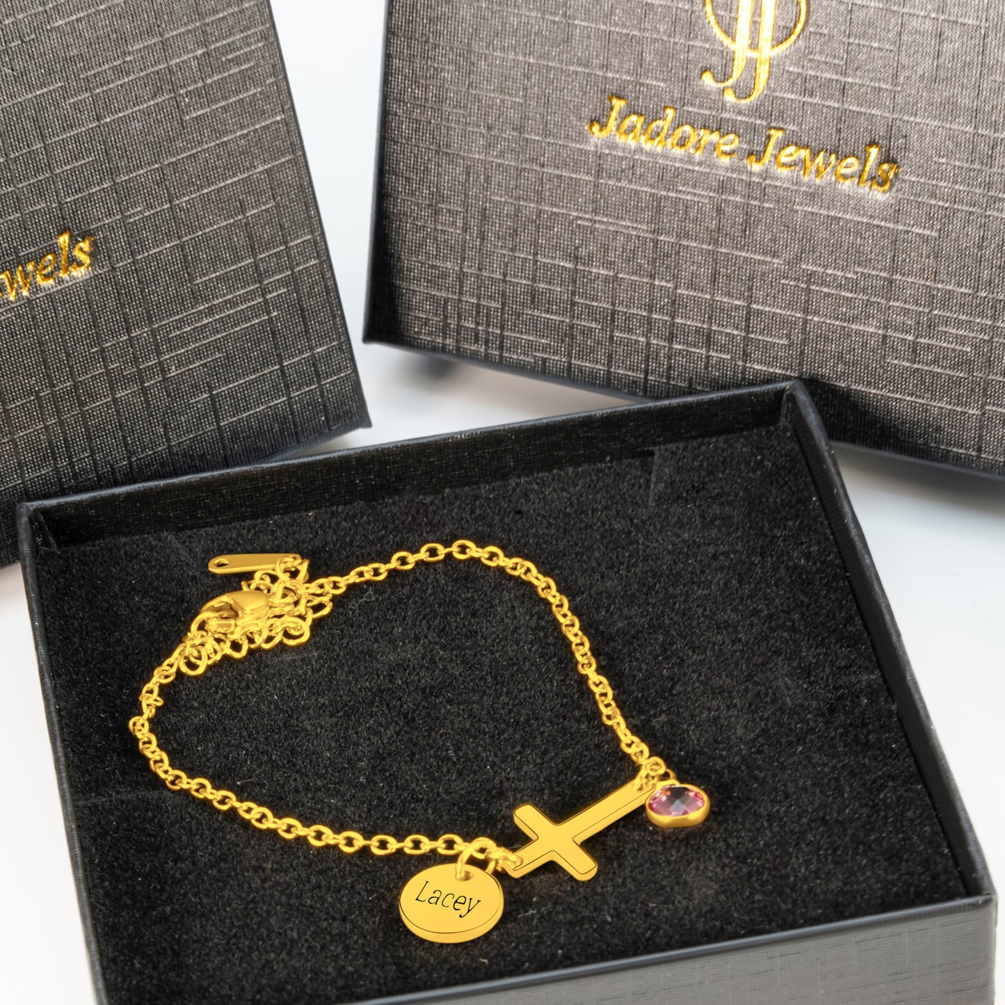 Personalized (12 characters) Pendant (8mm) W/Birthstone & Holy Cross(Two hole) On a 18K Gold Vermeil Bracelet