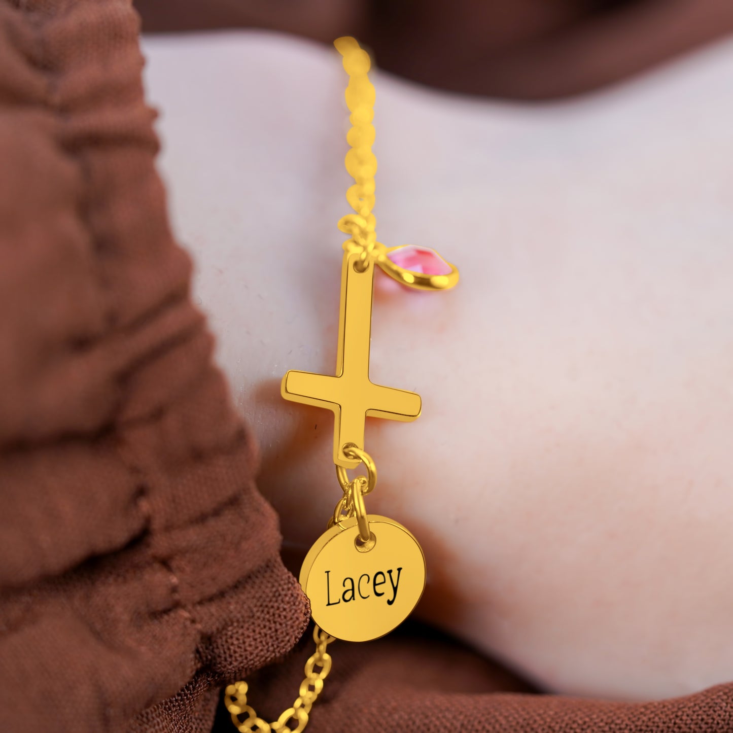 Personalized (12 characters) Pendant (8mm) W/Birthstone & Holy Cross(Two hole) On a 18K Gold Vermeil Bracelet
