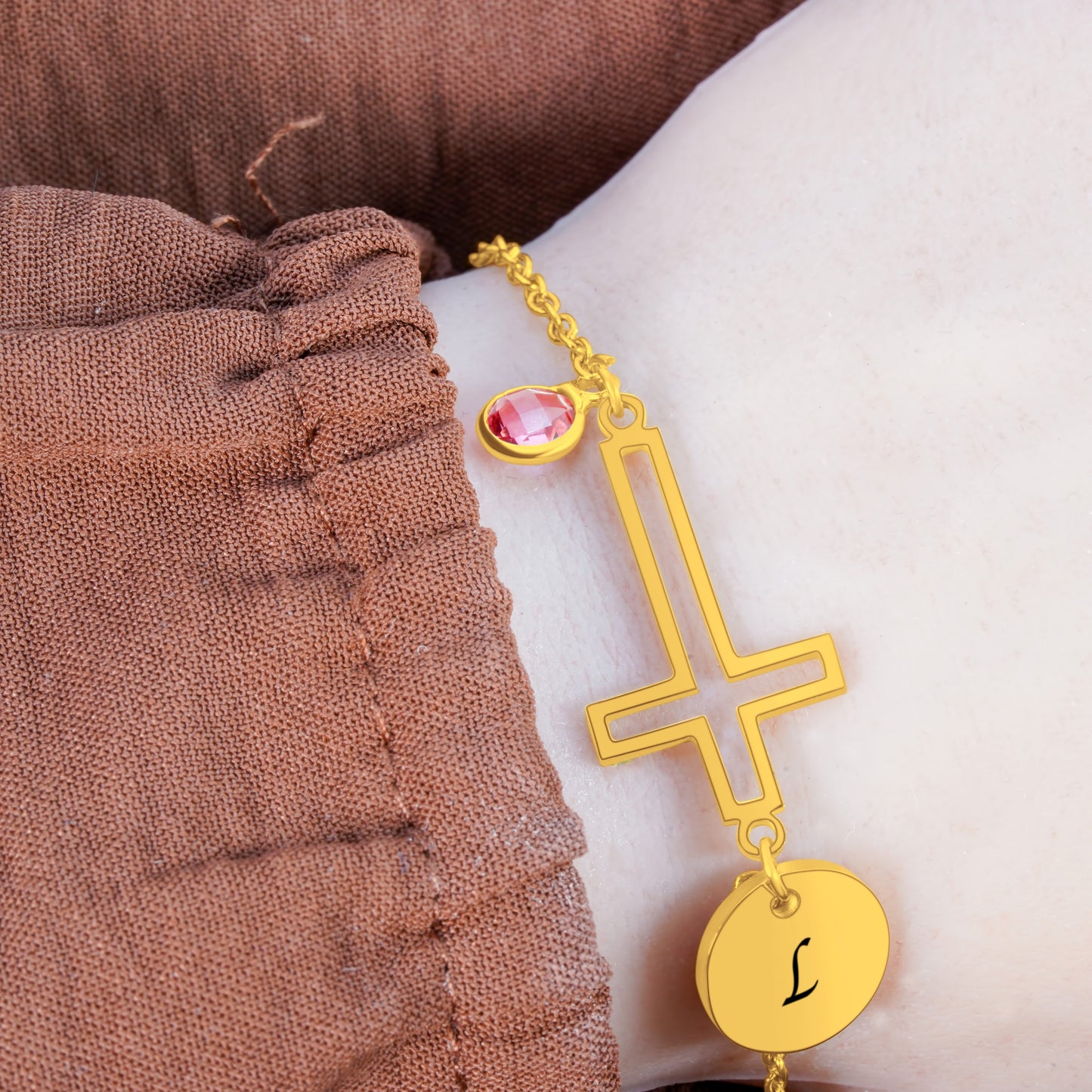 Personalized (12 characters) Pendant (8mm) W/Birthstone & Hollow Holy Cross(Two hole) On a 18K Gold Vermeil Bracelet