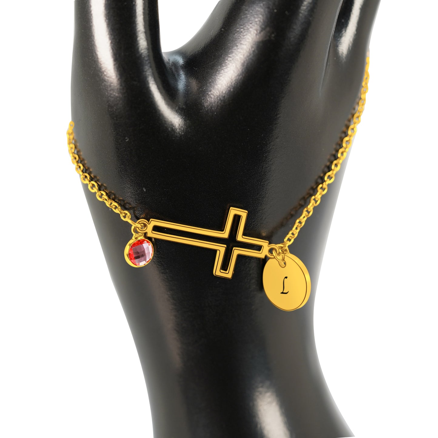 Personalized (12 characters) Pendant (8mm) W/Birthstone & Hollow Holy Cross(Two hole) On a 18K Gold Vermeil Bracelet