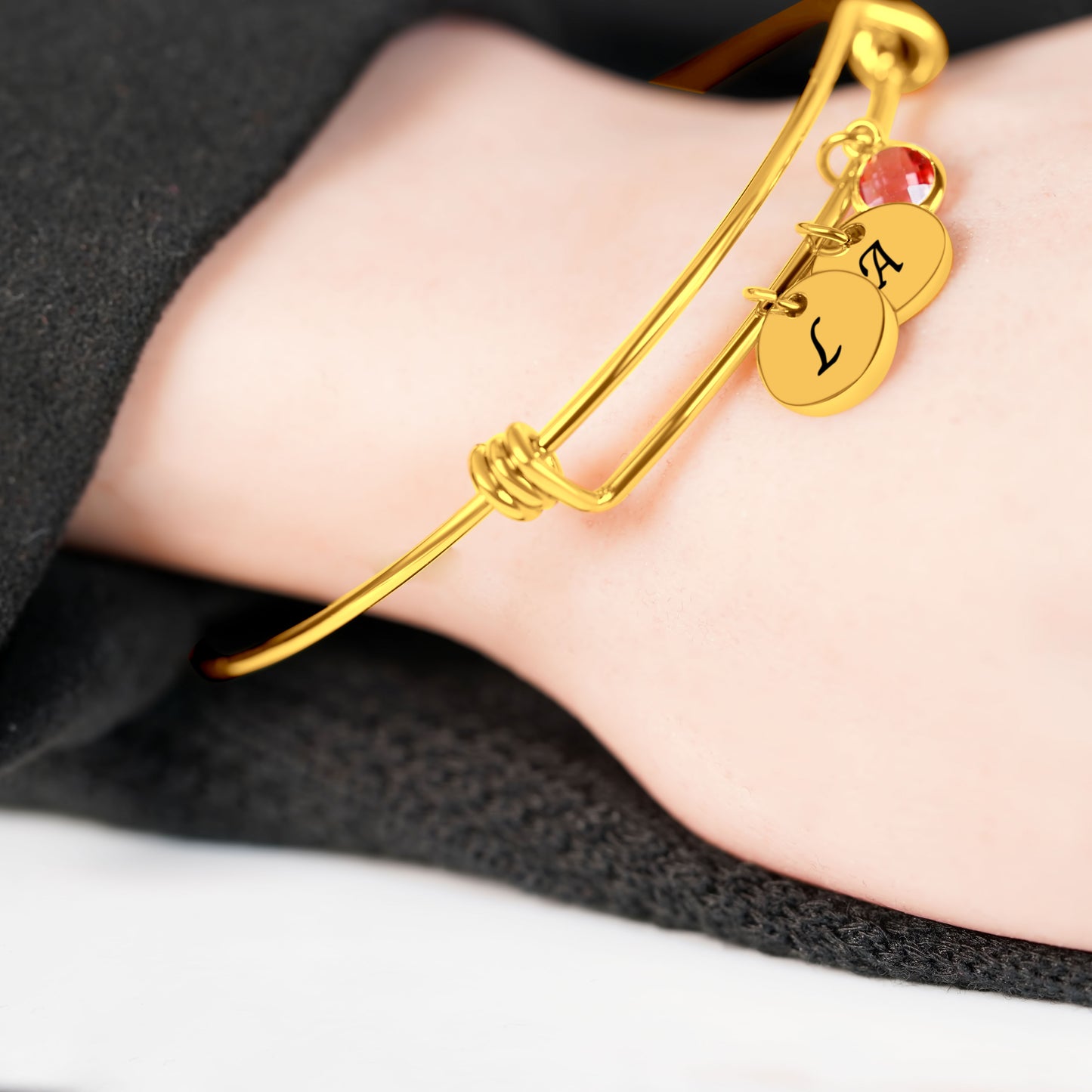 Personalized Gold Plated Cuff Bracelet(8.5") & Birthstone/Gemstone W/ 2 x Pendants (10mm)