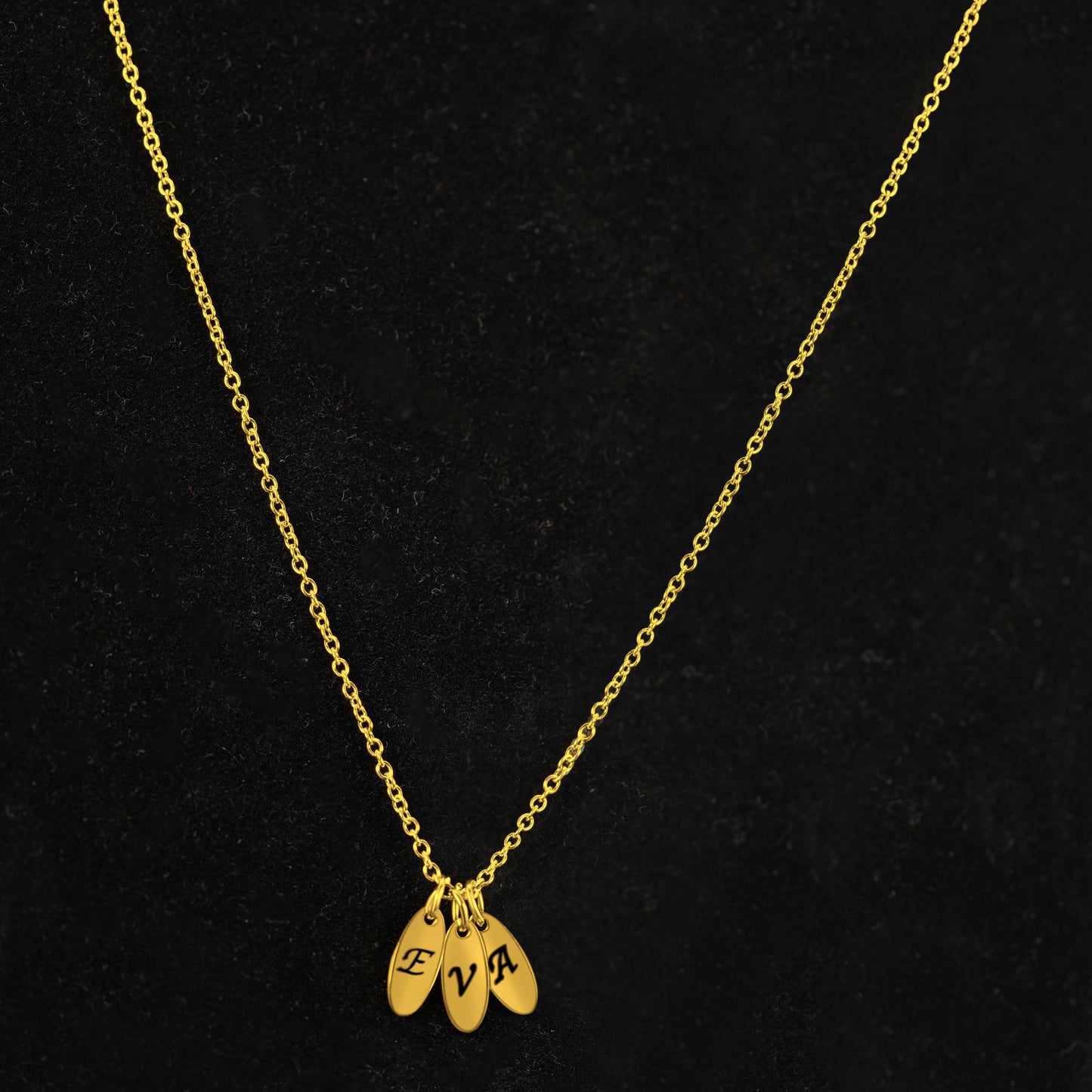 3 Oval Personalized Gold Plated Pendants  (12mm x 5mm x  1mm thick) On a 18K Vermeil Necklace