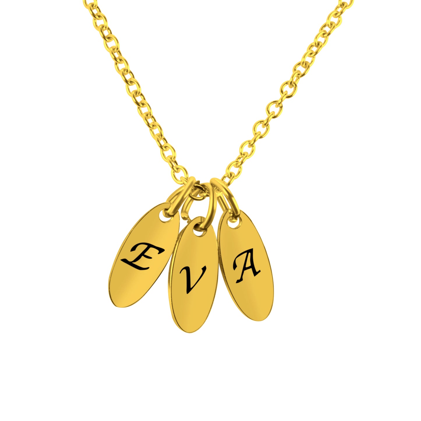 3 Oval Personalized Gold Plated Pendants  (12mm x 5mm x  1mm thick) On a 18K Vermeil Necklace