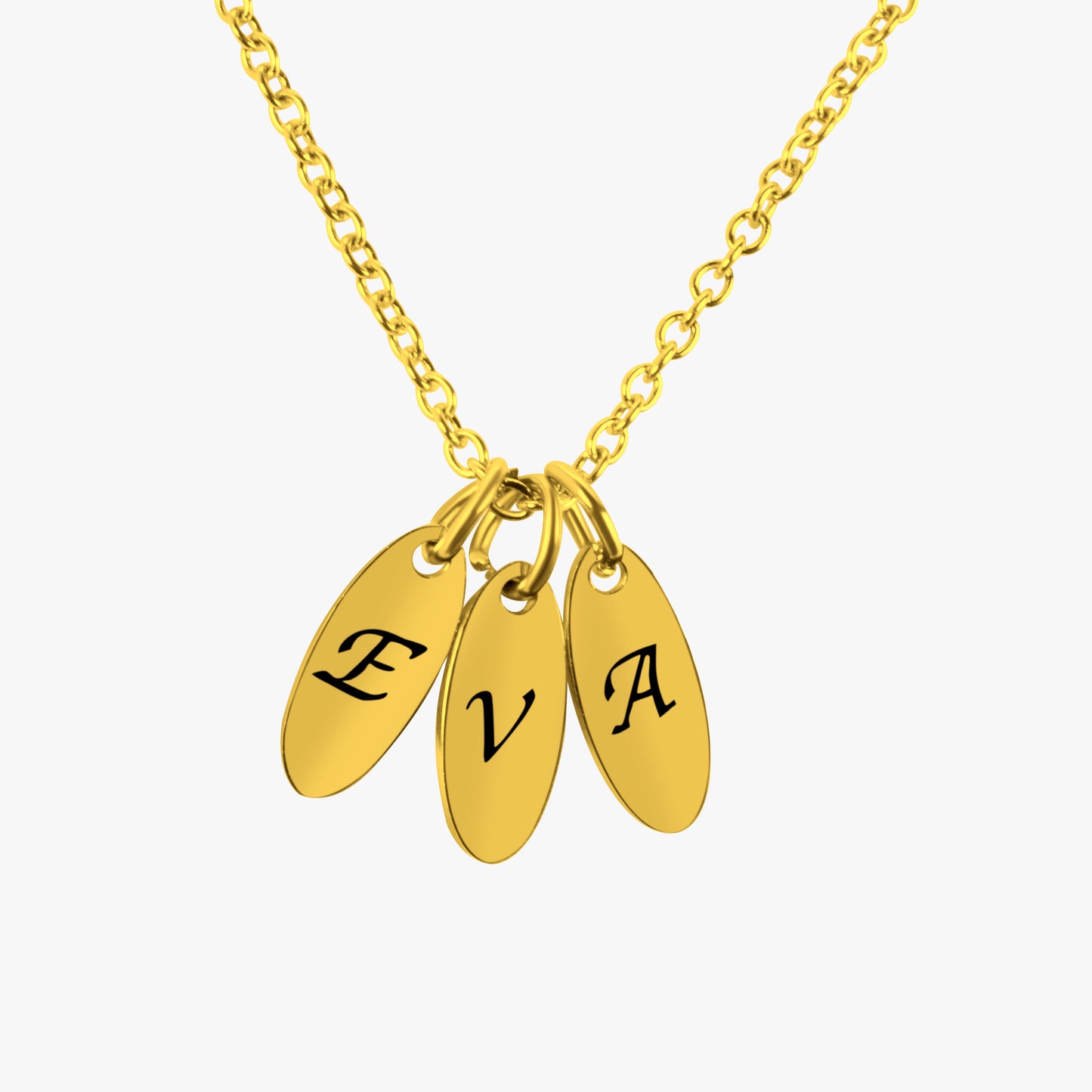 3 Oval Personalized Gold Plated Pendants  (12mm x 5mm x  1mm thick) On a 18K Vermeil Necklace