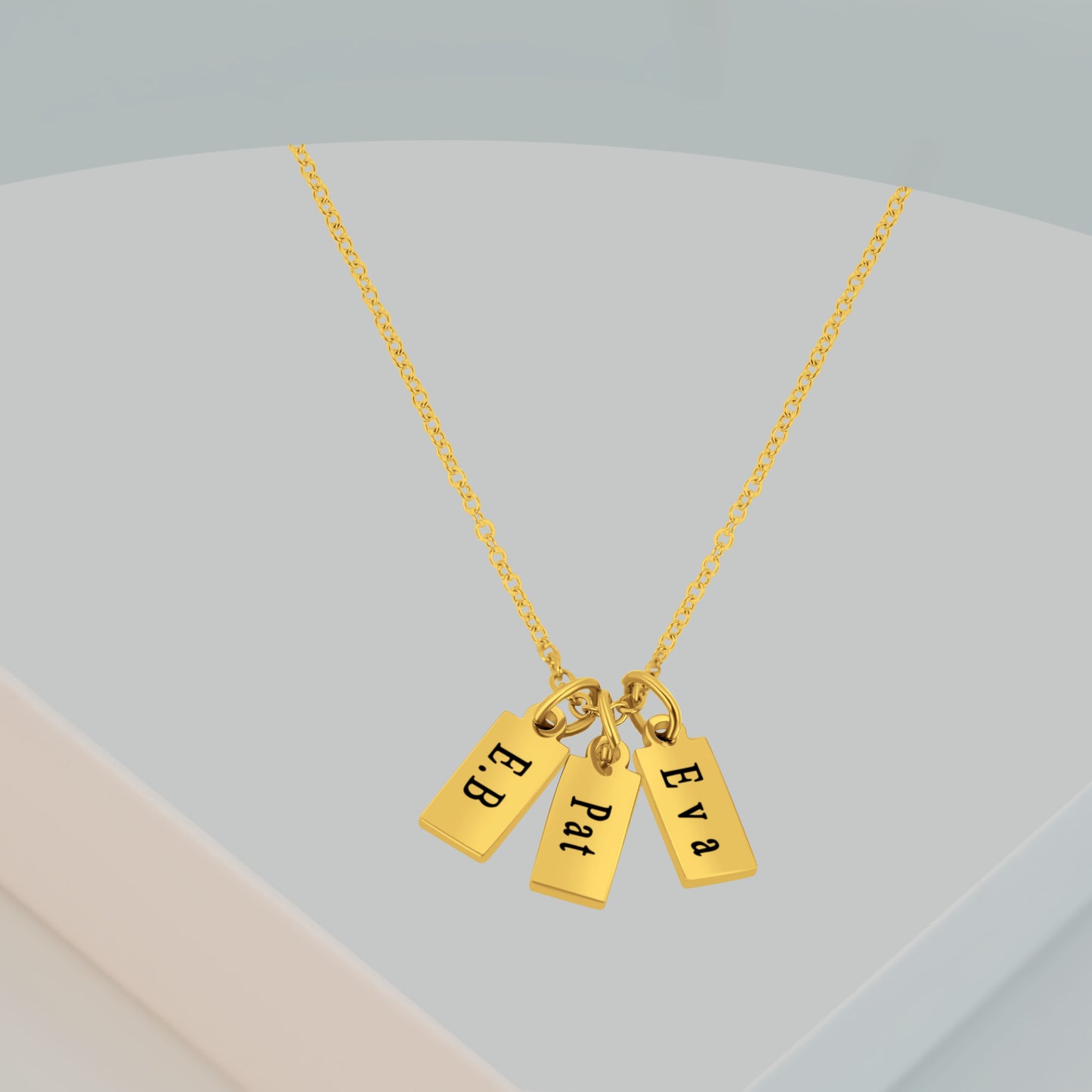 3 Personalized Gold Plated Rectangular Pendants (20mm x 8mmx 1.5mm thick) On a 18K Vermeil Necklace