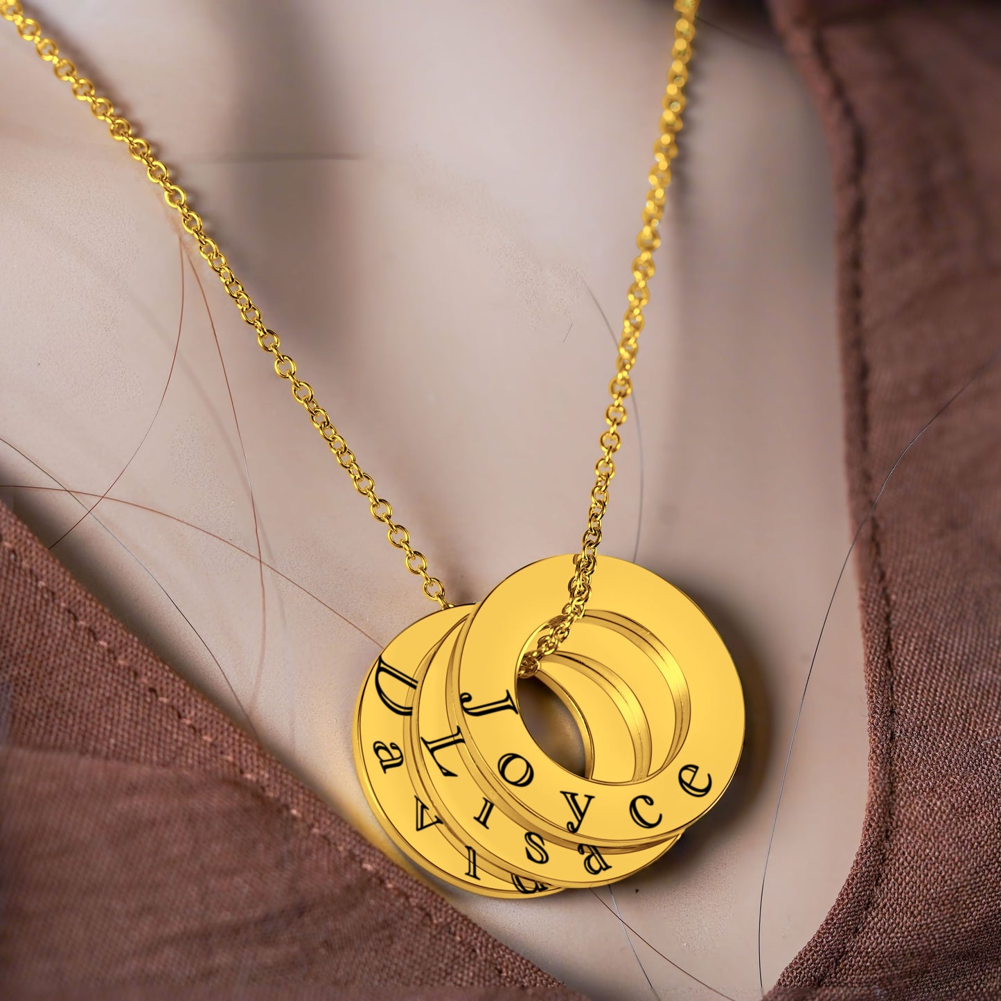 3 Personalized Gold Plated Circular Rings (25mm x 1.5mm) On a 18K Vermeil Necklace