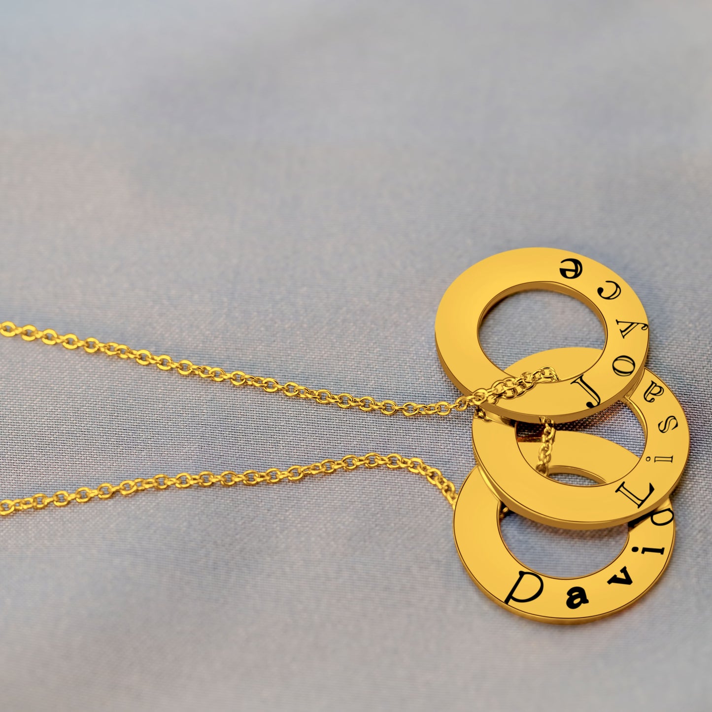 3 Personalized Gold Plated Circular Rings (25mm x 1.5mm) On a 18K Vermeil Necklace