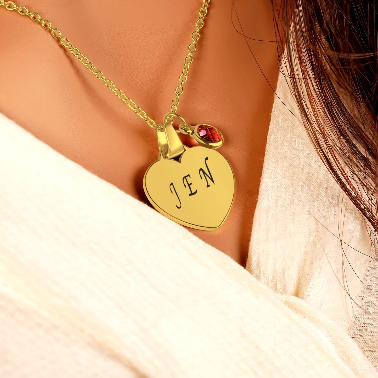 Personalized Heart Pendant (15mm x 22mm x 1.5mm) W/ Birthstone Gem On a 18K Vermeil Necklace