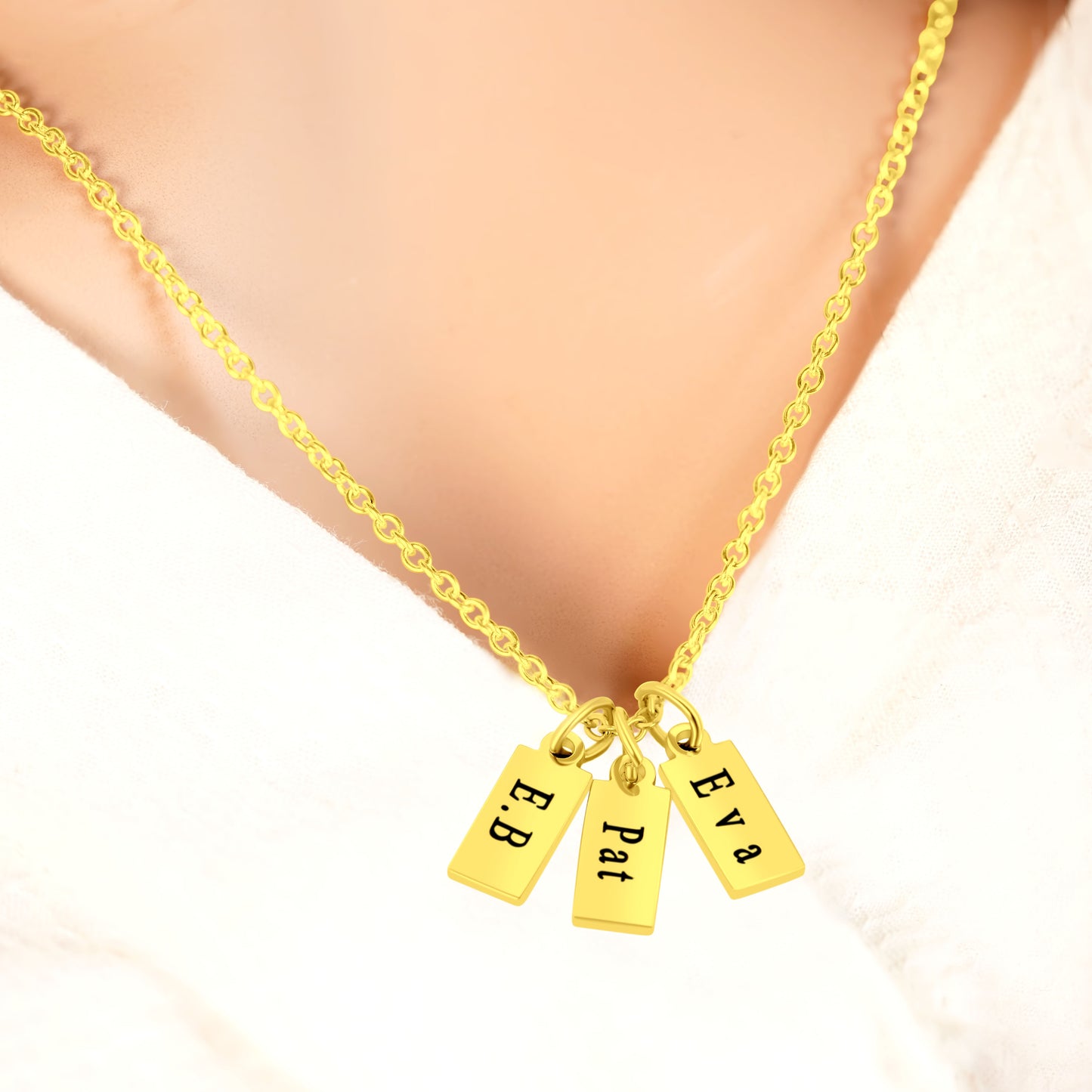 3 Personalized Gold Plated Rectangular Pendants (20mm x 8mmx 1.5mm thick) On a 18K Vermeil Necklace