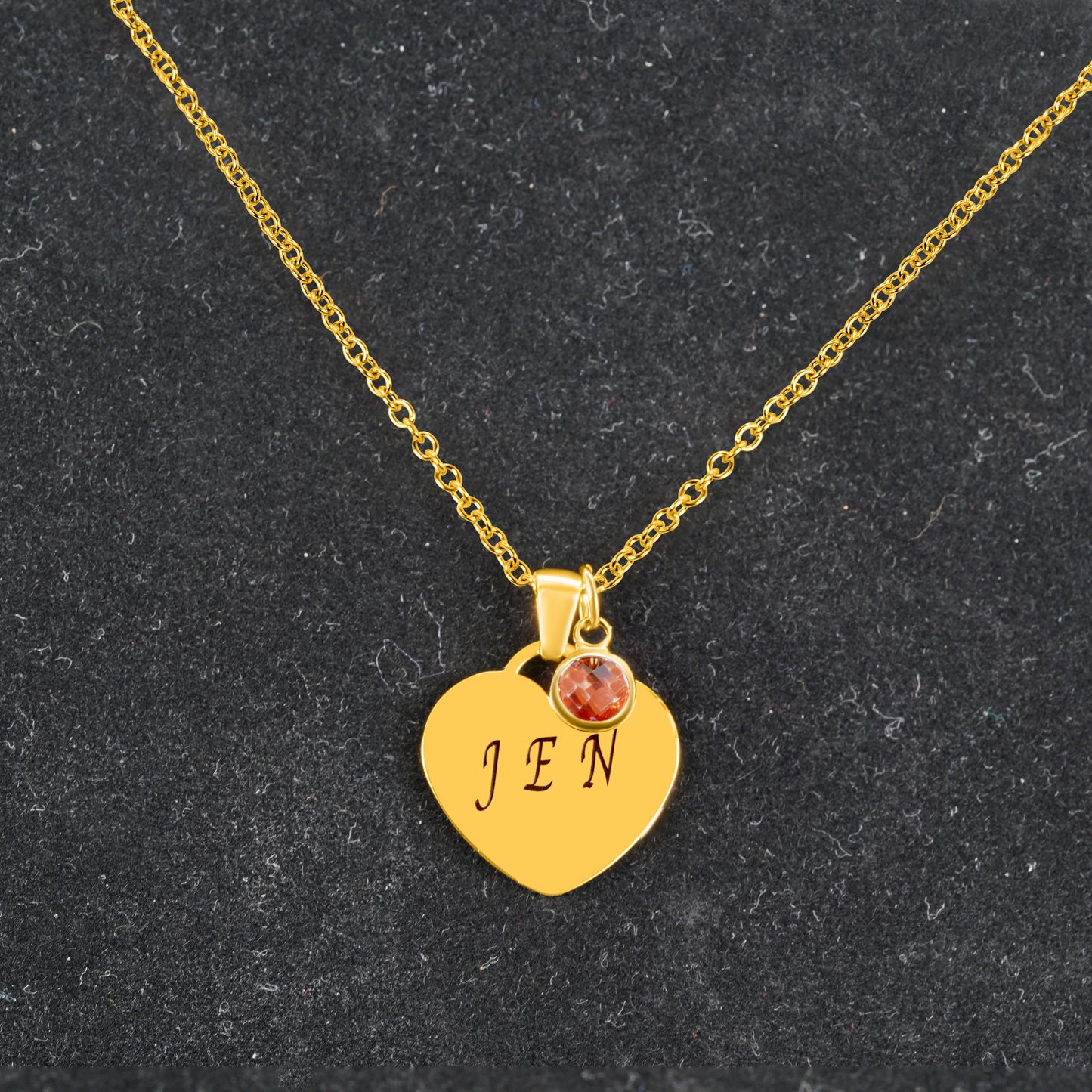 Personalized Heart Pendant (15mm x 22mm x 1.5mm) W/ Birthstone Gem On a 18K Vermeil Necklace