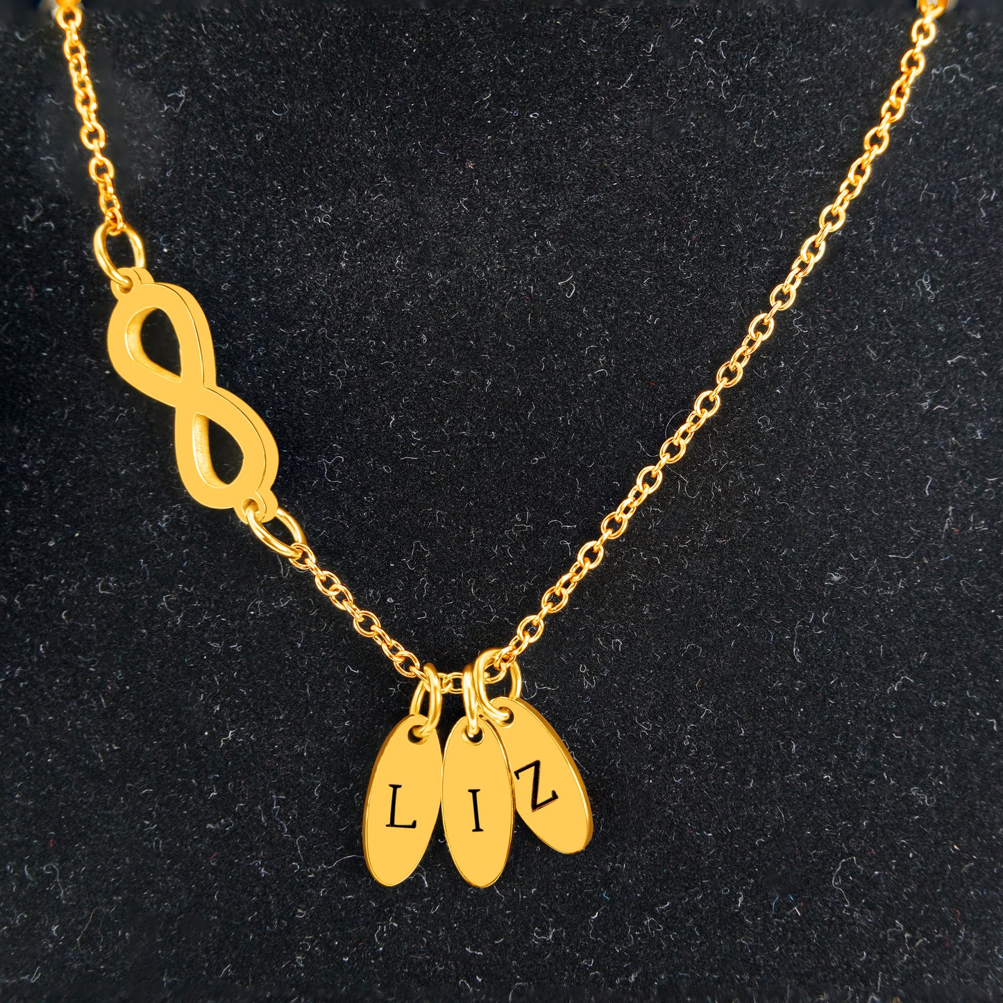 Infinity Pendant (17mm x 7mm x 1.5mm) 3 x Oval Pendants ( 12mm x 5mm x 1.1mm thick) On a 18K Vermeil Necklace