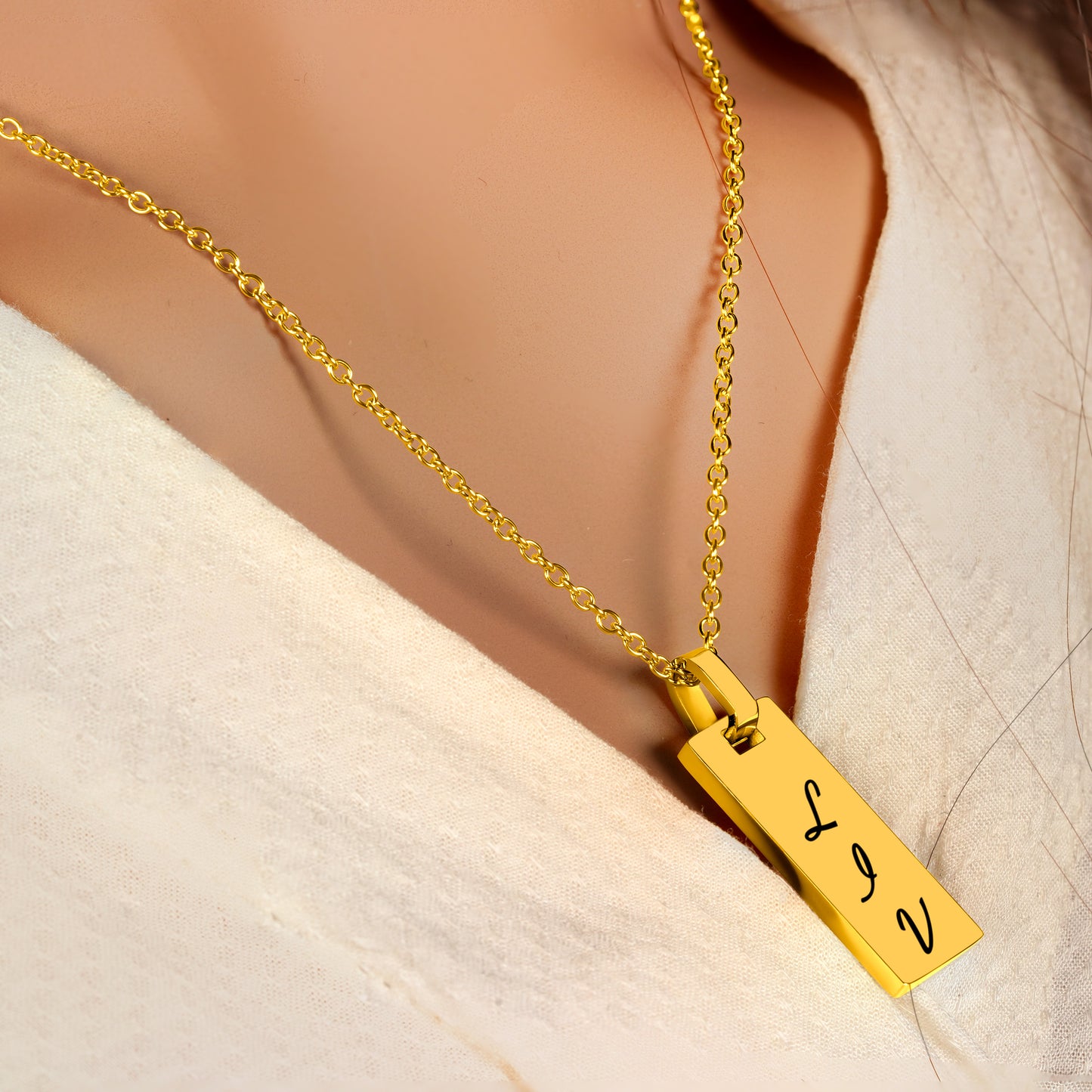 Personalized Bar Pendant (8.5mm x 20mm) On a 18K Gold Vermeil Necklace (17.5")