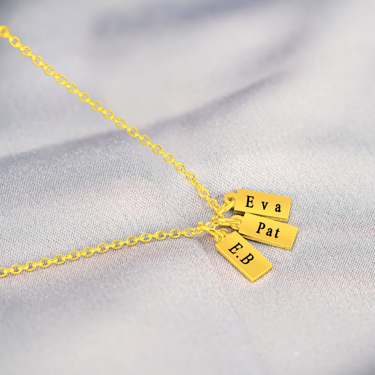 3 Personalized Gold Plated Rectangular Pendants (20mm x 8mmx 1.5mm thick) On a 18K Vermeil Necklace