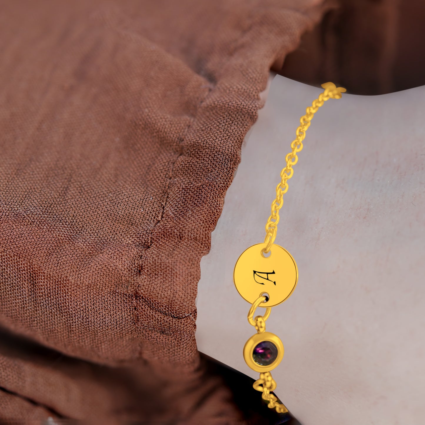 Personalized (Two hole) Pendant (10mm) W/Birthstone (Two hole) On a 18K Gold Vermeil Bracelet