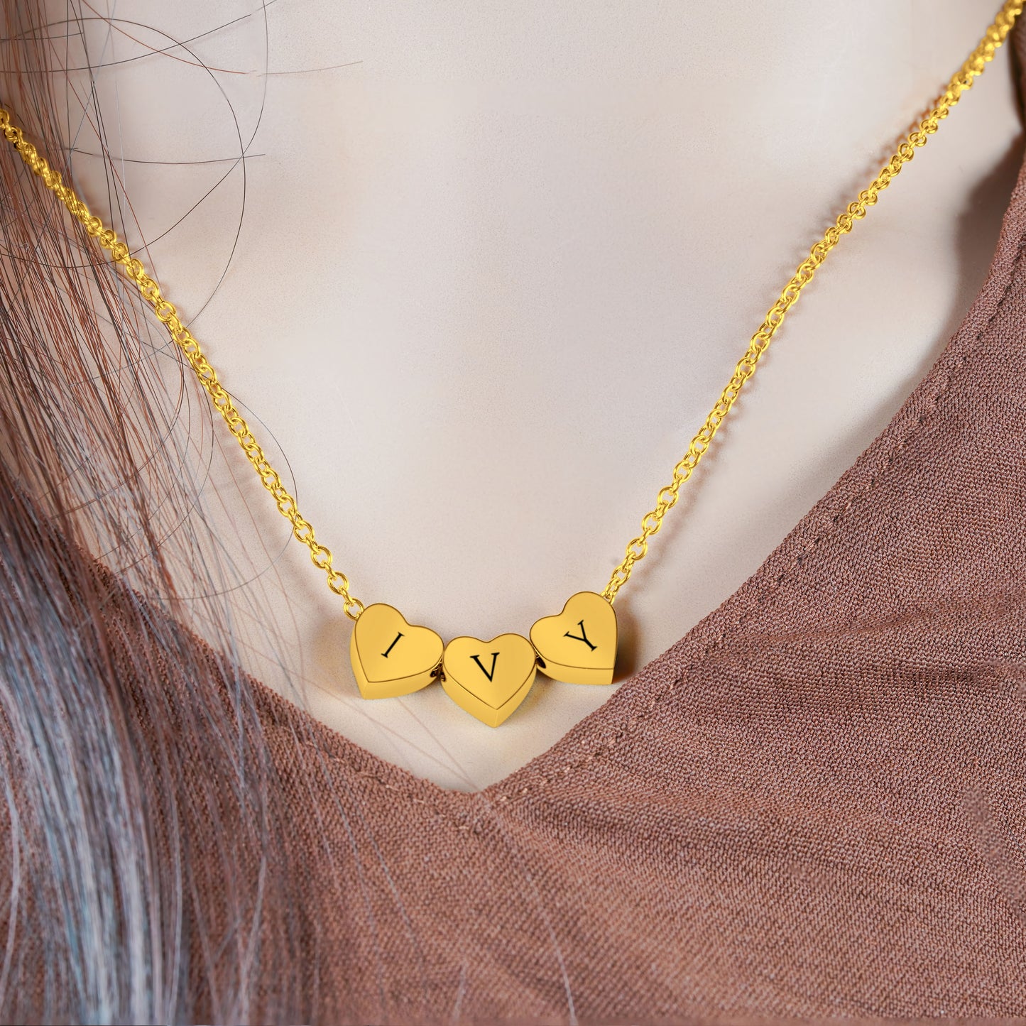 3 Mini Heart Personalized (3 x 7.5mm x 7.5mm x 2.8mm hearts) 18K Vermeil Necklace