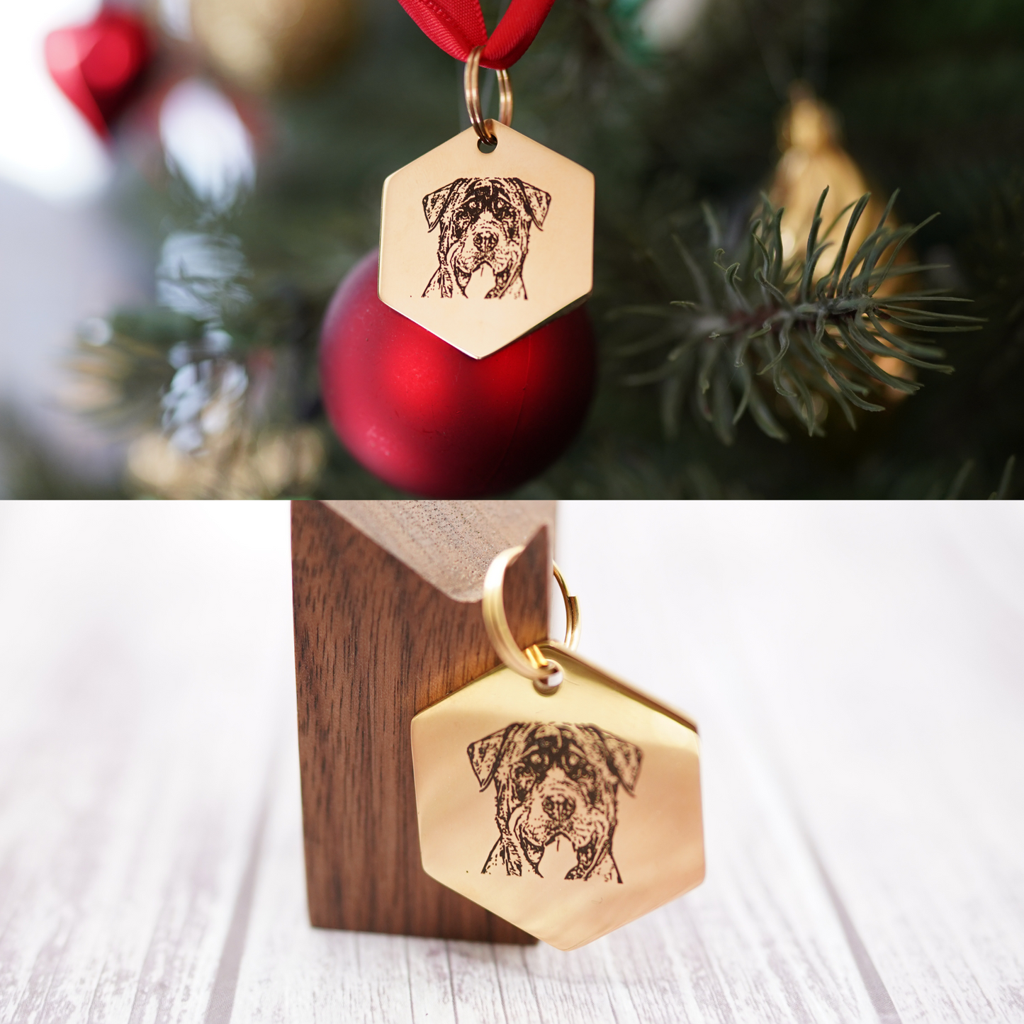 Personalized Hexagon AI Designed PET face Keychain/Ornament (18K Gold Vermeil Plated)