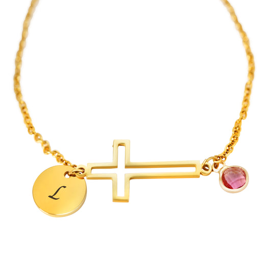 Personalized (12 characters) Pendant (8mm) W/Birthstone & Hollow Holy Cross(Two hole) On a 18K Gold Vermeil Bracelet