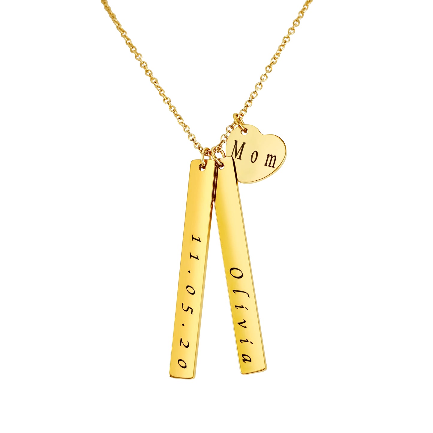 2 Bars (50mm x 6mm x 1.5mm) & 1 Heart Pendant Personalized (14mm x 12.5mm) On a 18K Vermeil Necklace