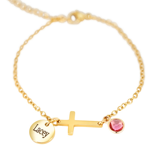 Personalized (12 characters) Pendant (8mm) W/Birthstone & Holy Cross(Two hole) On a 18K Gold Vermeil Bracelet