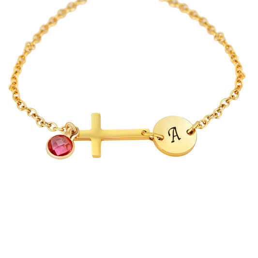 Personalized Pendant (8mm) W/Birthstone & Holy Cross(Two hole) On a 18K Gold Vermeil Bracelet