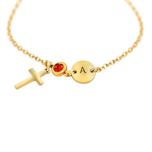 Personalized Pendant (8mm) W/Birthstone & Holy Cross On a 18K Gold Vermeil Bracelet