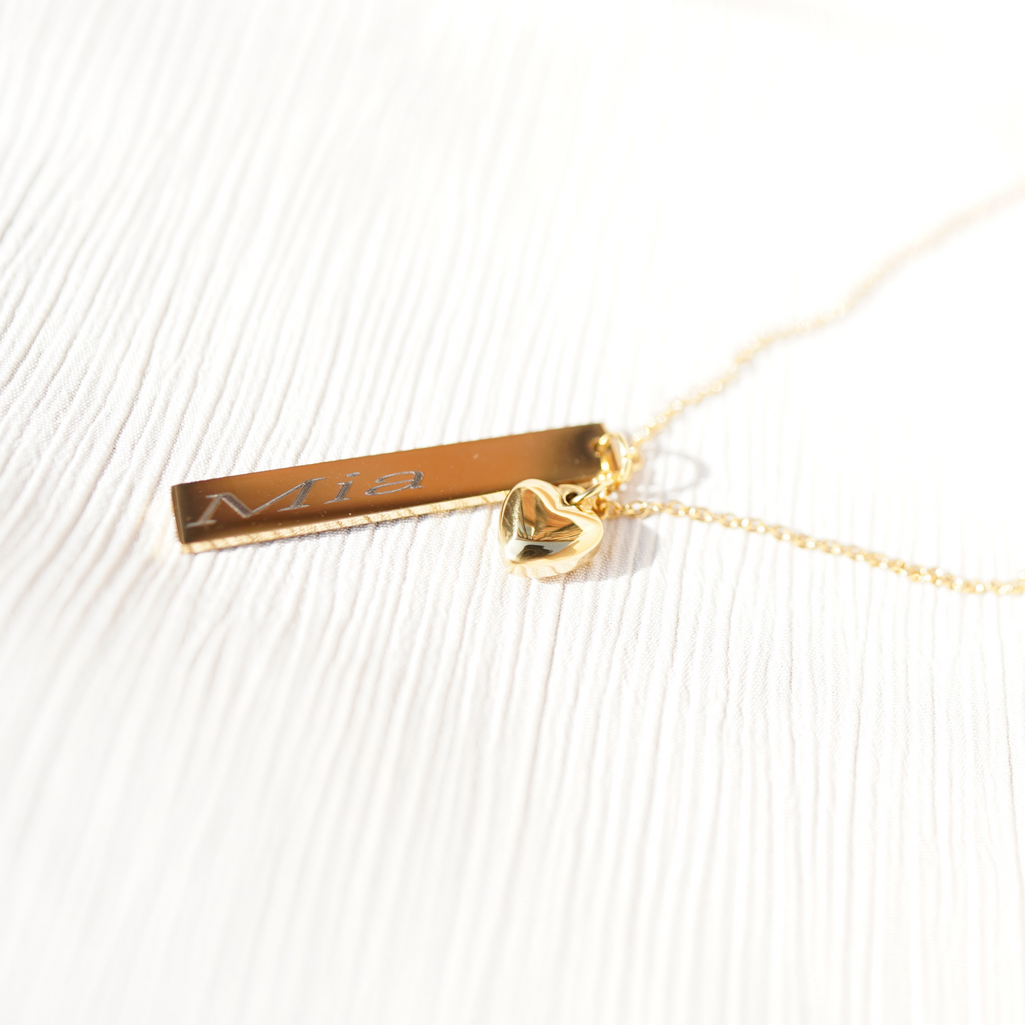 Personalized (7mm x40mm Pendant w/heart charm) 18K Gold Vermeil Bar Necklace