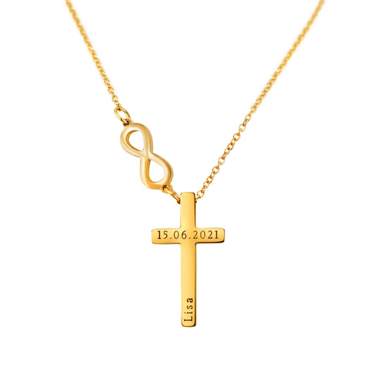 Infinity Pendant (17mm x 7mm x 1.5mm)1 Holy Cross (30mm x 17mm x 1.8mm thick) On a 18K Vermeil Necklace