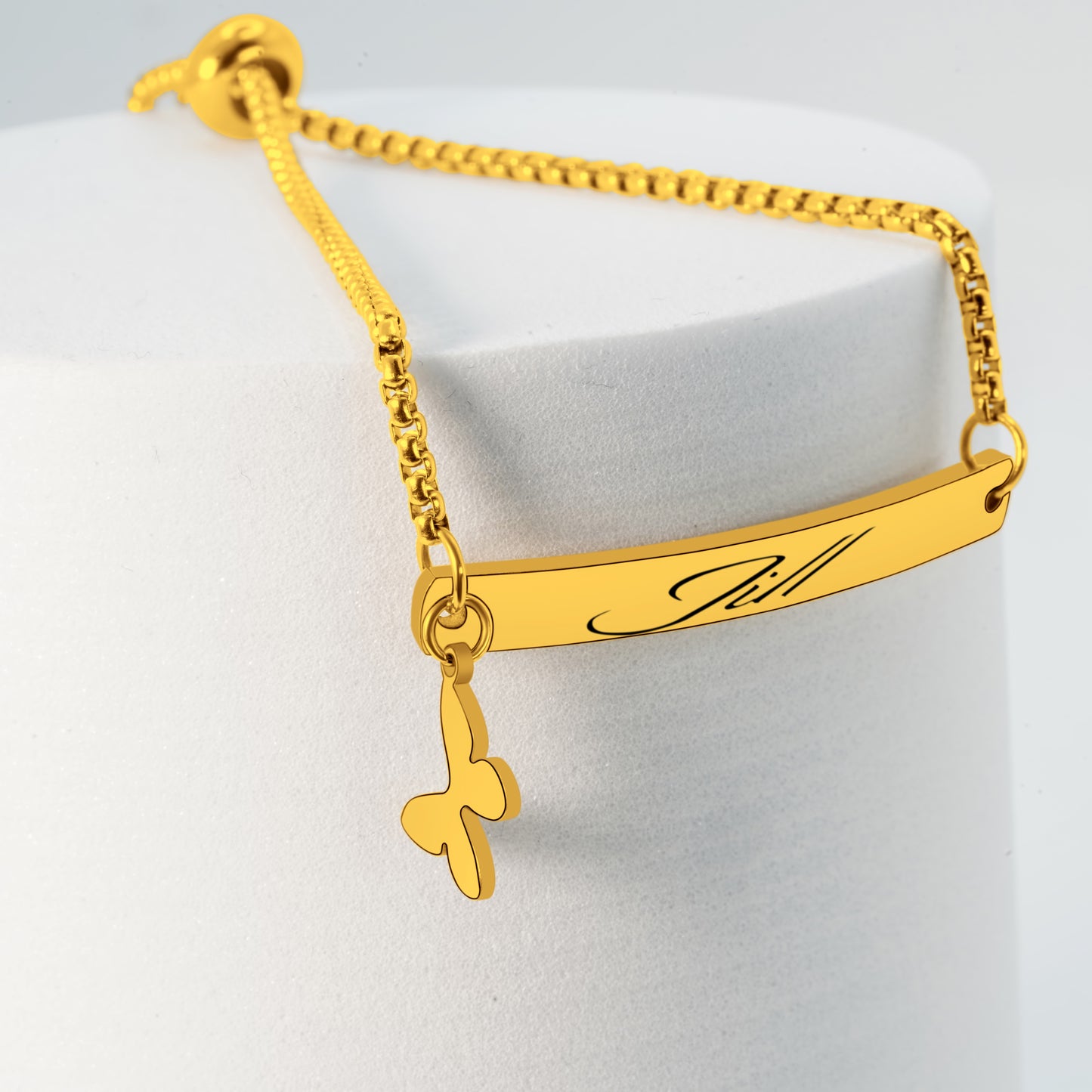 Name Bracelet for Women, Engraved Initials Bracelet with adjustable clasp, 18K Gold Plated Bar Bracelet with Butteryfly