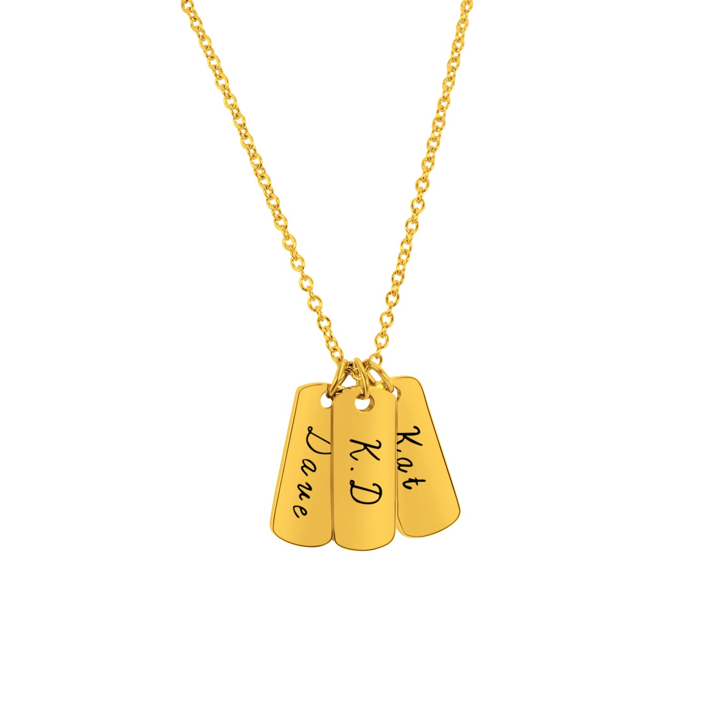 3 Personalized Gold Plated Pendants  (20mm x 8mm x 1.5mm thick) On a 18K Vermeil Necklace