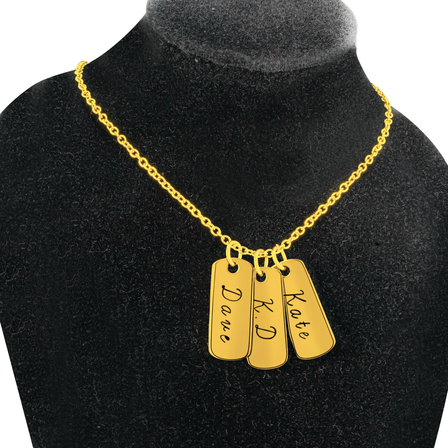 3 Personalized Gold Plated Pendants  (20mm x 8mm x 1.5mm thick) On a 18K Vermeil Necklace