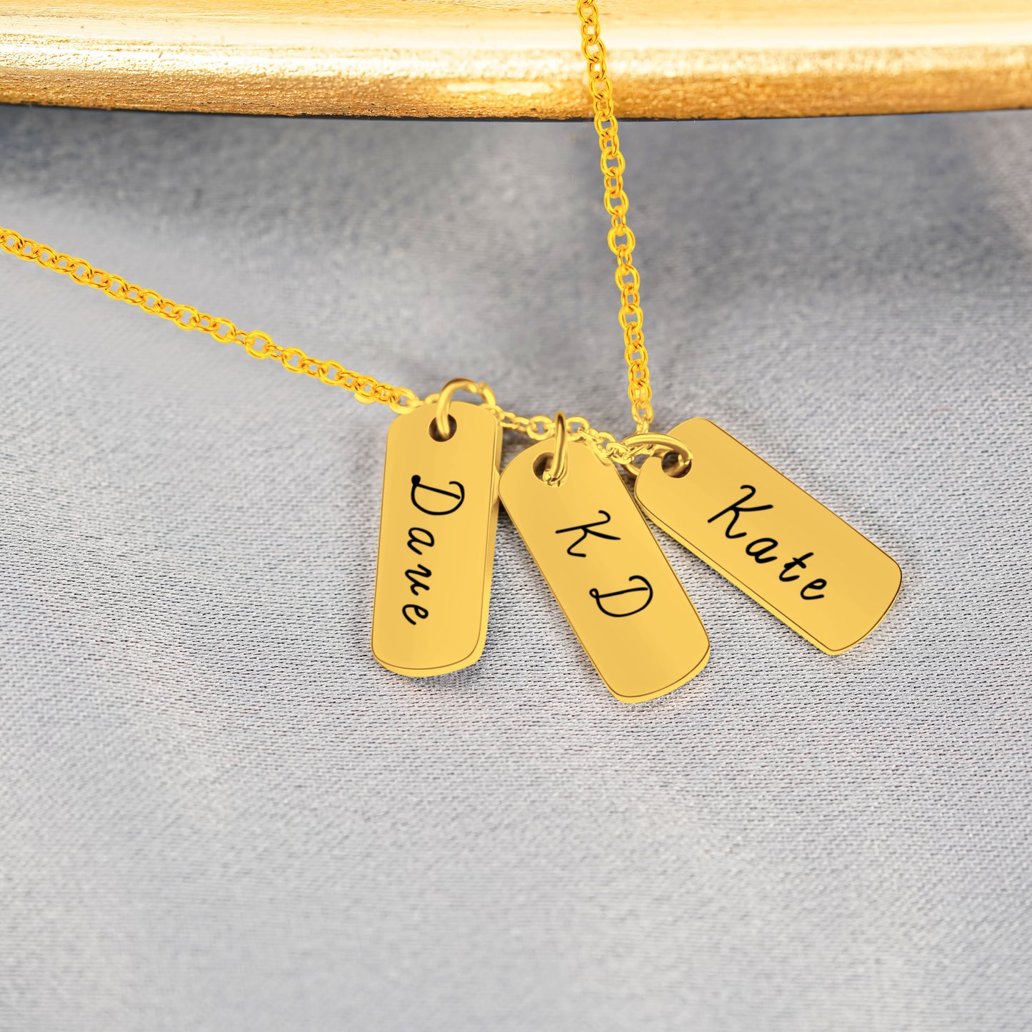 3 Personalized Gold Plated Pendants  (20mm x 8mm x 1.5mm thick) On a 18K Vermeil Necklace