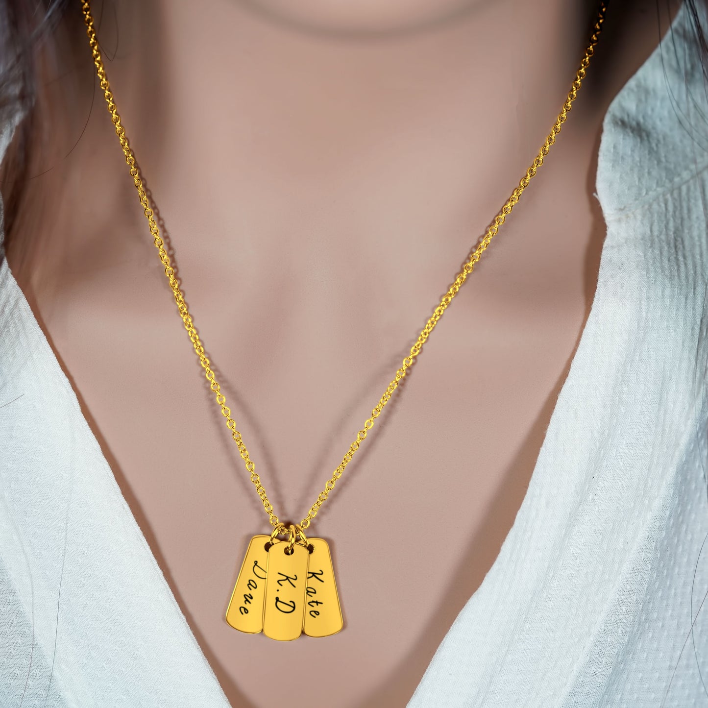 3 Personalized Gold Plated Pendants  (20mm x 8mm x 1.5mm thick) On a 18K Vermeil Necklace