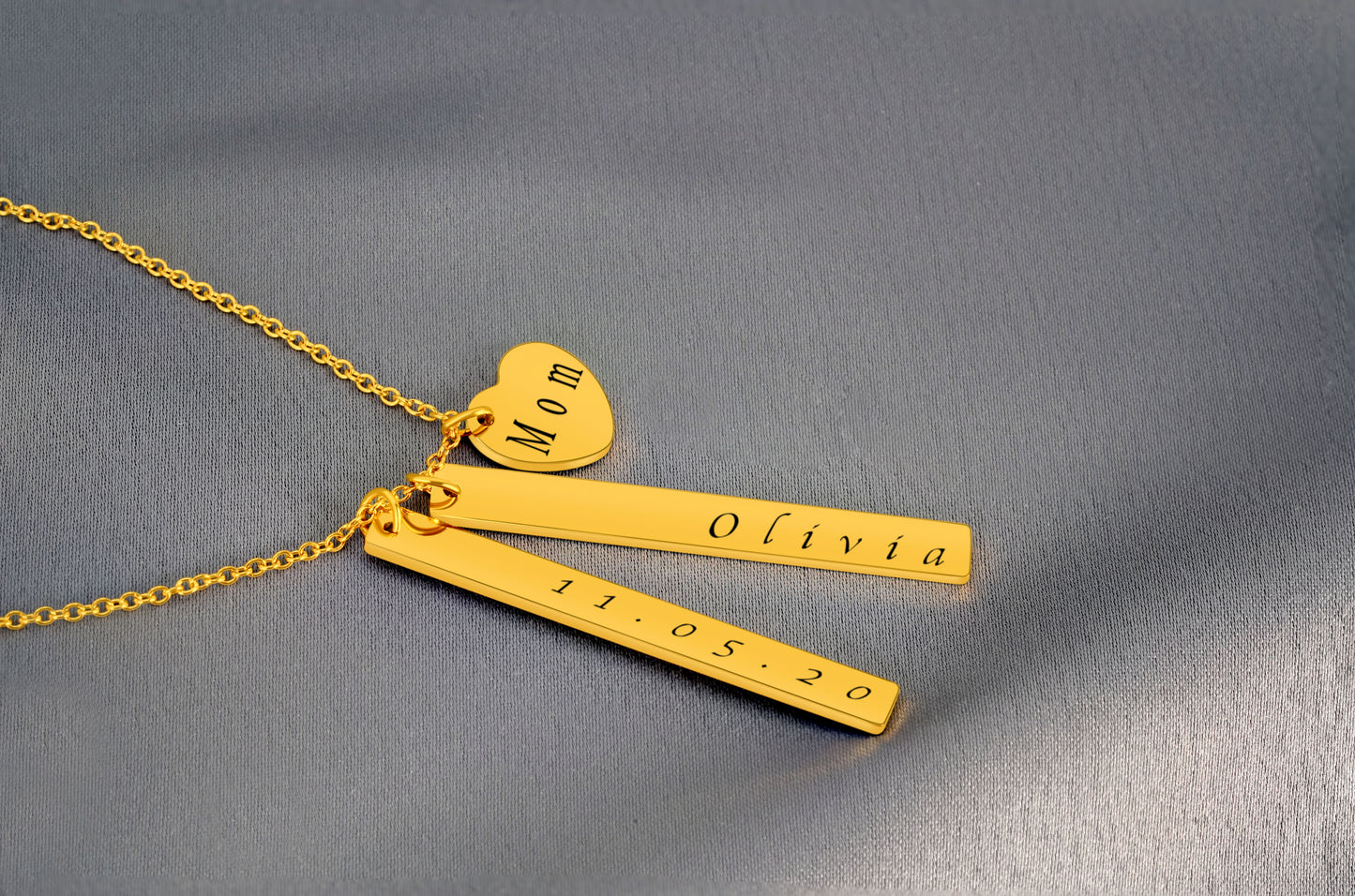 2 Bars (50mm x 6mm x 1.5mm) & 1 Heart Pendant Personalized (14mm x 12.5mm) On a 18K Vermeil Necklace