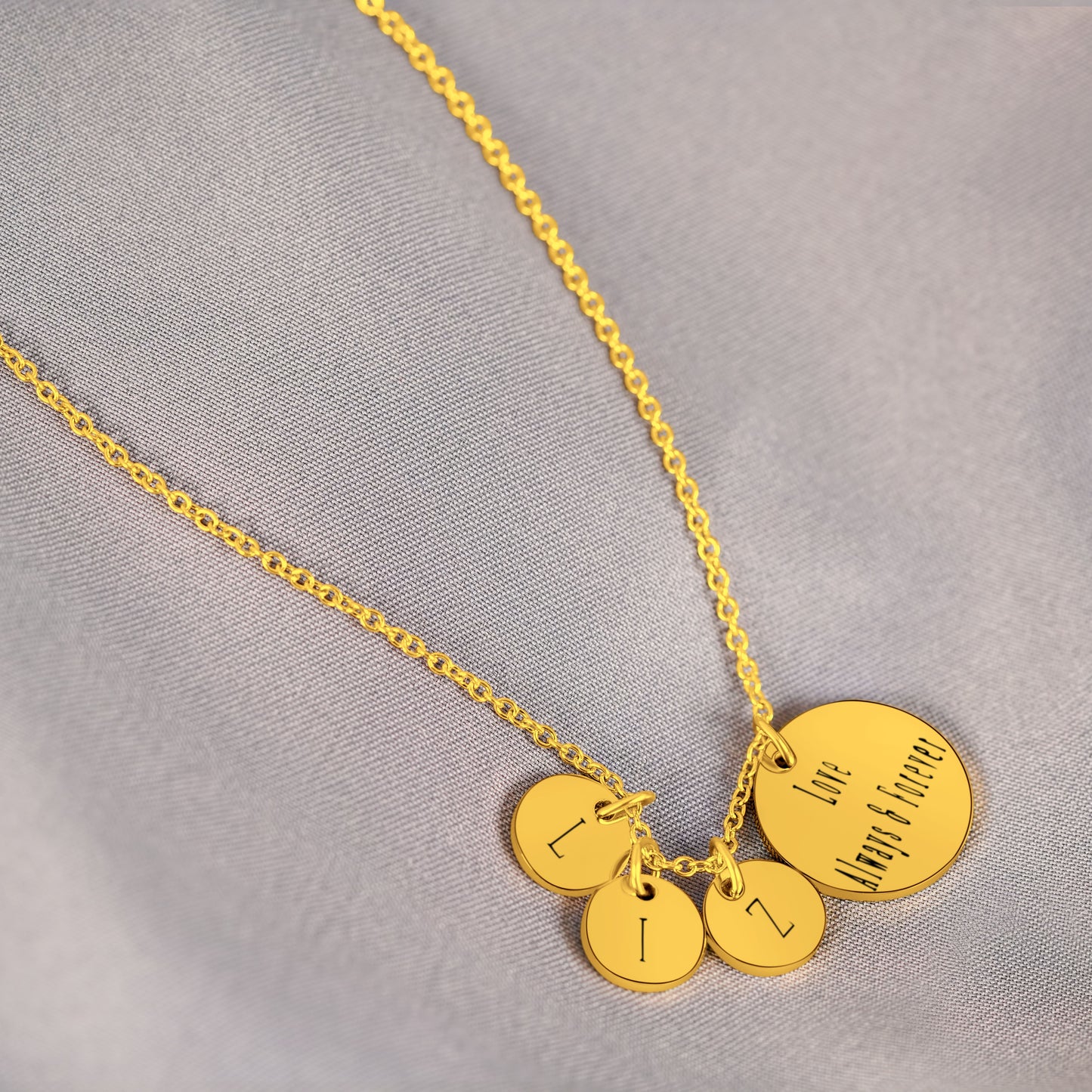 3 Mini Pendants (10mm x 1.5mm) & 1 Large Pendant Personalized (18mm x 1.5mm ) On a 18K Vermeil Necklace