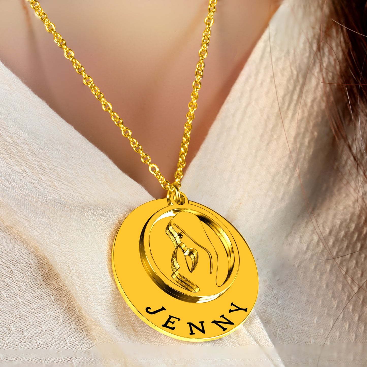 1 Holy Mary Pendant (20mm) & 1 Personalized Pendant (30mm x 1.5mm) On a 18K Vermeil Necklace