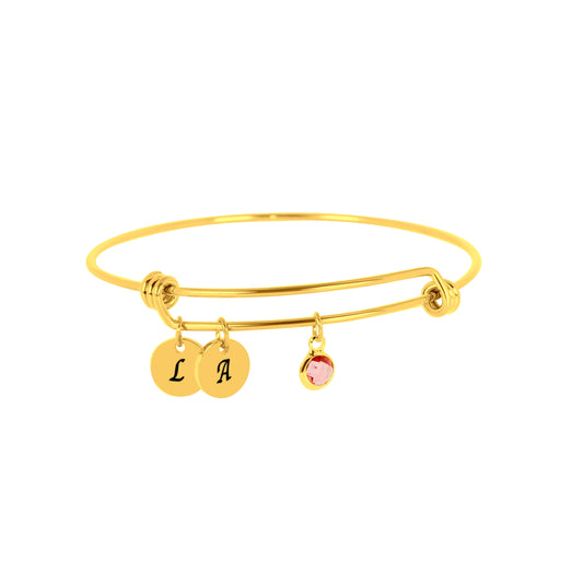 Personalized Gold Plated Cuff Bracelet(8.5") & Birthstone/Gemstone W/ 2 x Pendants (10mm)