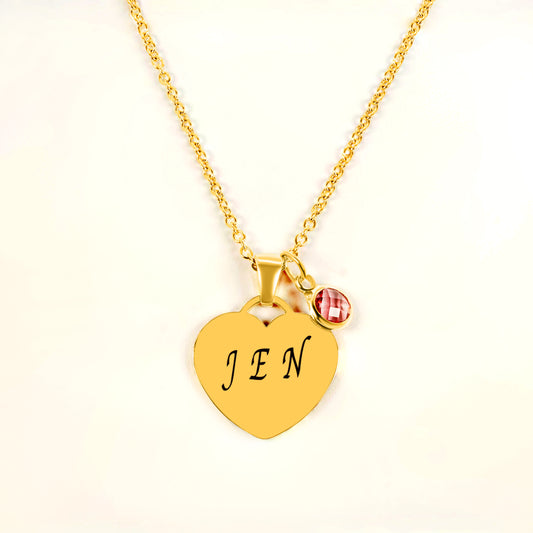 Personalized Heart Pendant (15mm x 22mm x 1.5mm) W/ Birthstone Gem On a 18K Vermeil Necklace